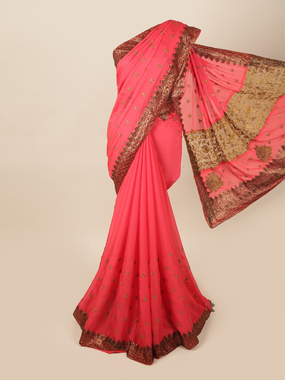 

Pothys Pink & Gold-Toned Embellished Beads and Stones Pure Georgette Saree