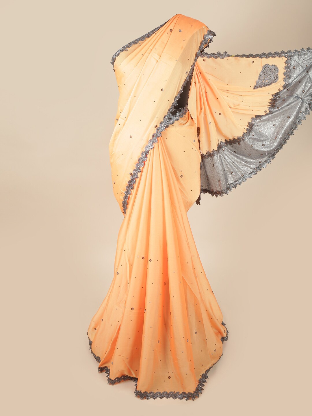 

Pothys Peach-Coloured & Grey Embellished Beads and Stones Pure Georgette Saree