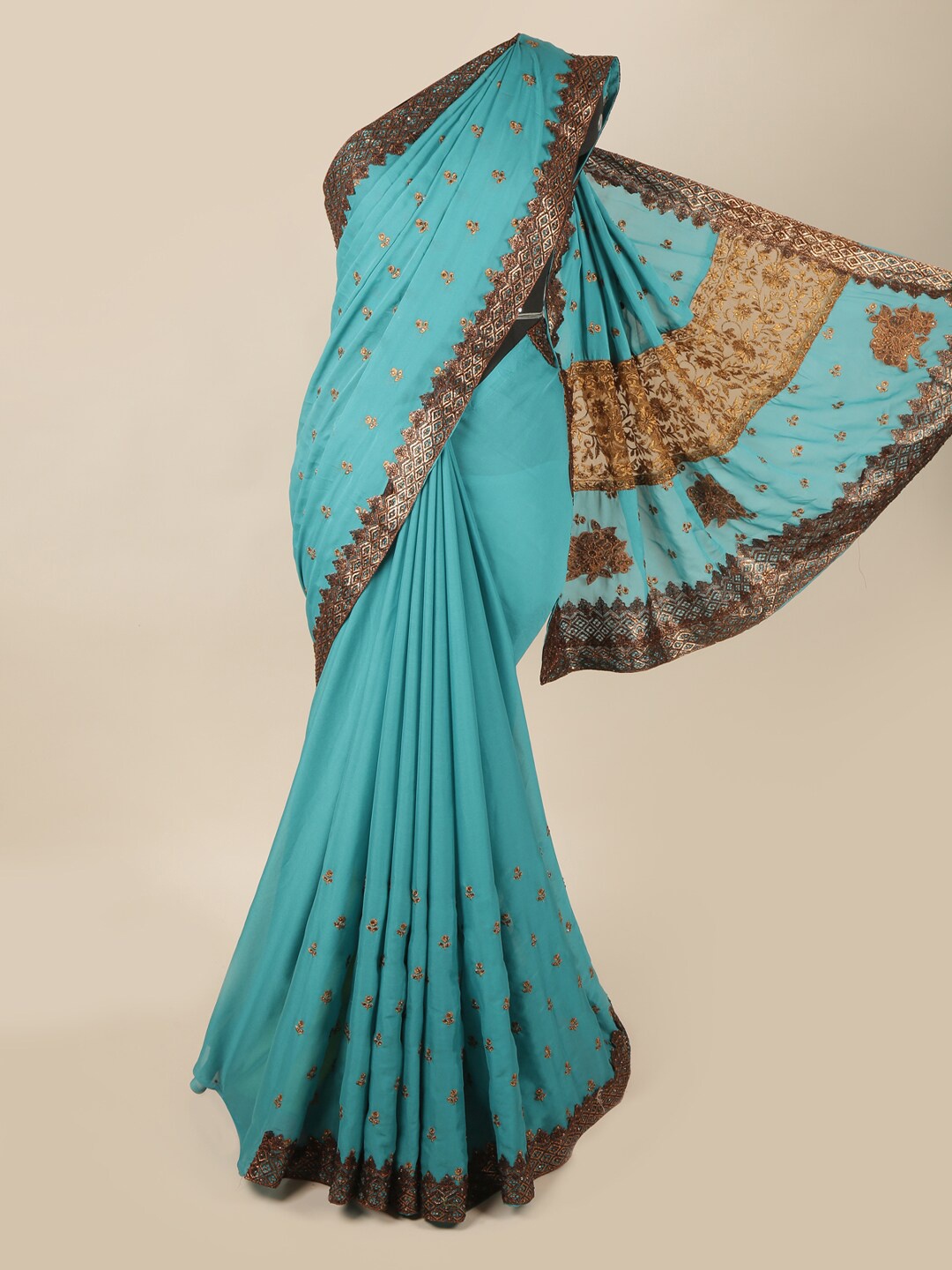 

Pothys Blue & Gunmetal-Toned Embellished Pure Georgette Saree