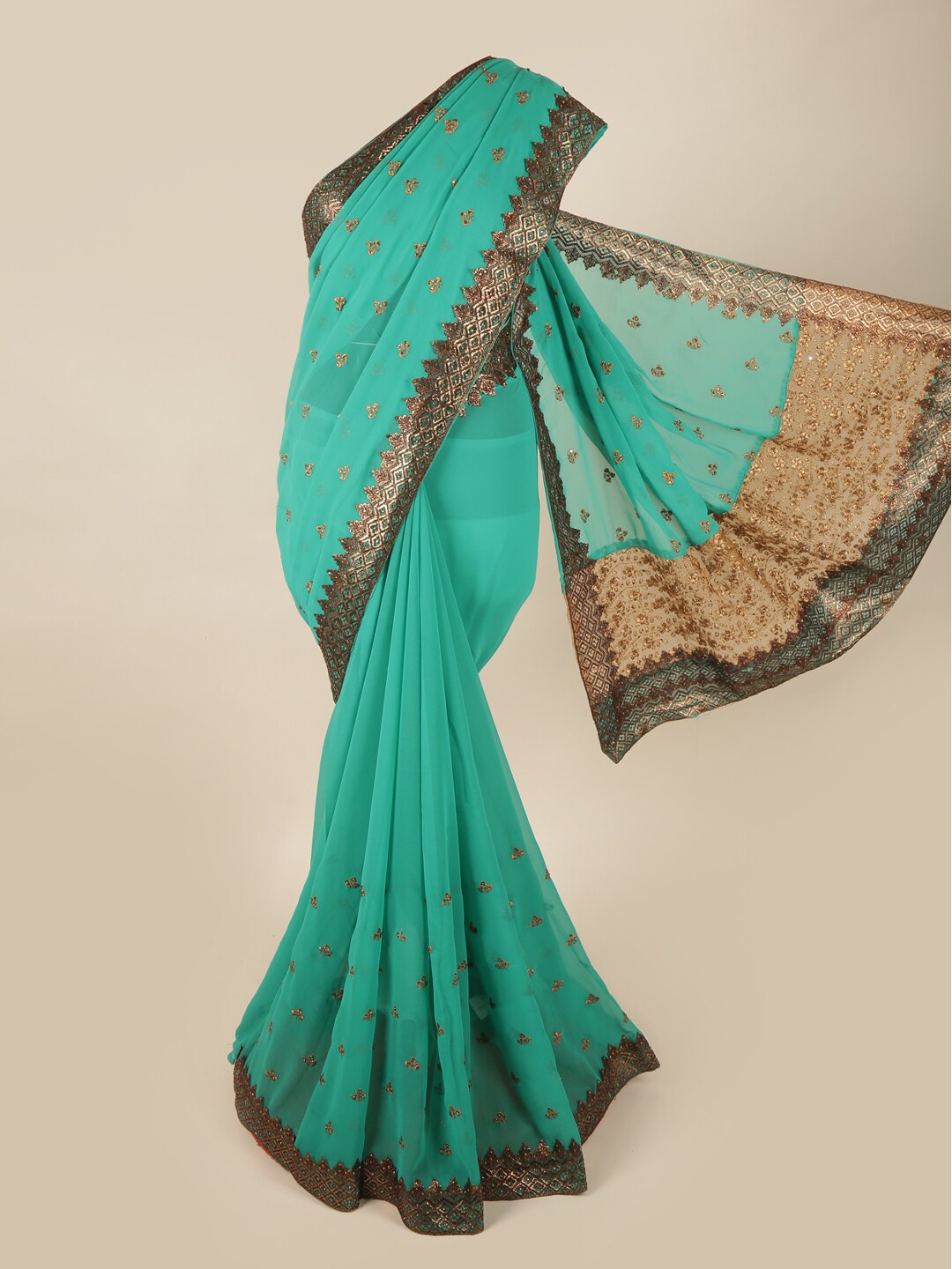 

Pothys Green & Gold-Toned Embellished Pure Georgette Saree
