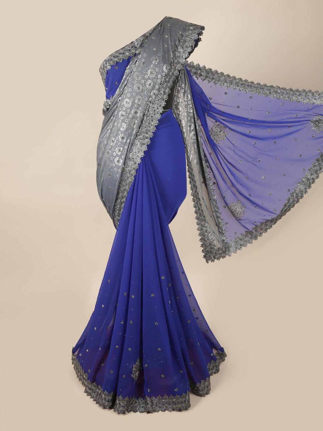 

Pothys Blue & Grey Embellished Beads and Stones Pure Georgette Saree
