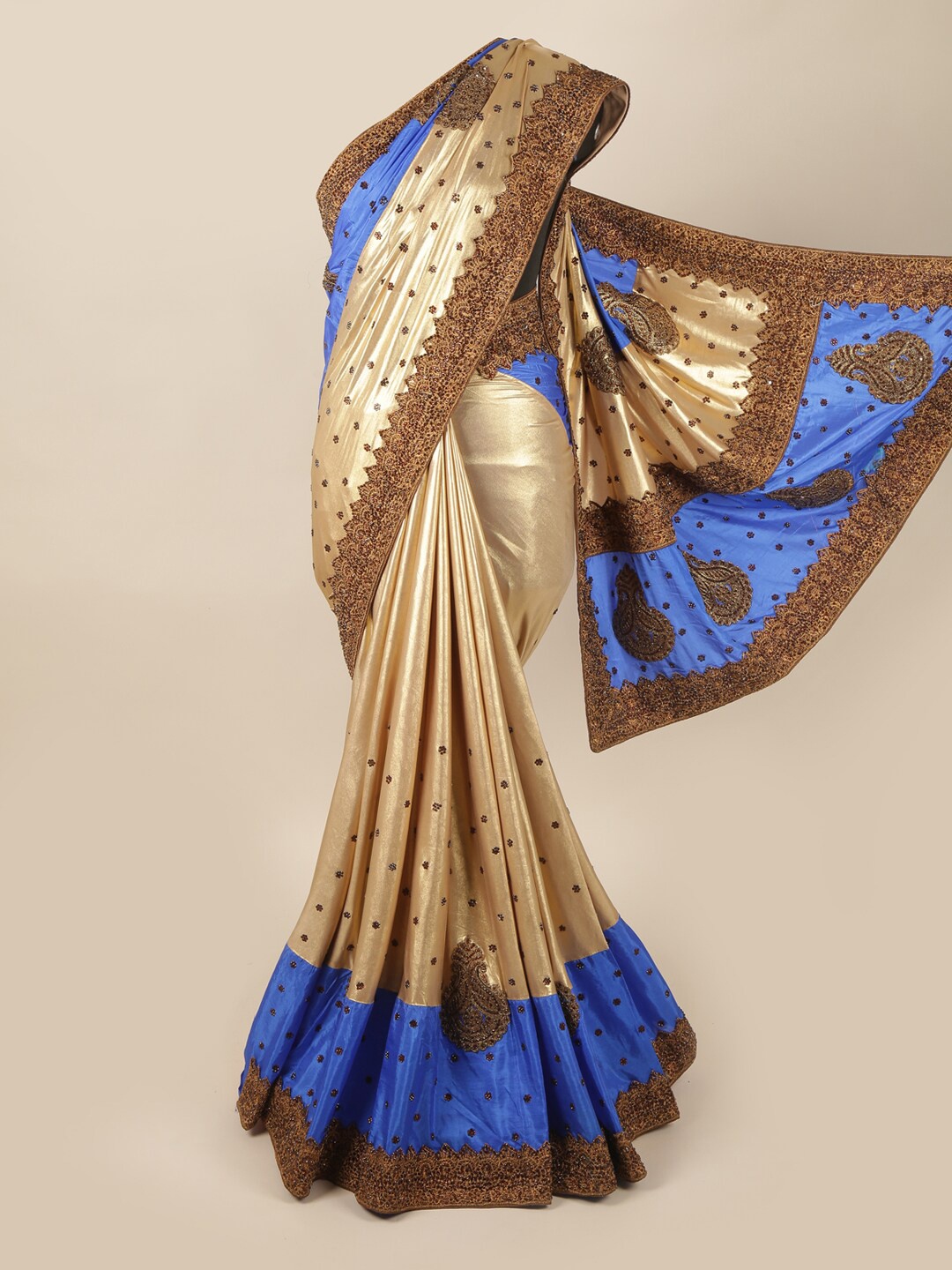 

Pothys Cream-Coloured & Blue Embellished Beads and Stones Pure Georgette Saree