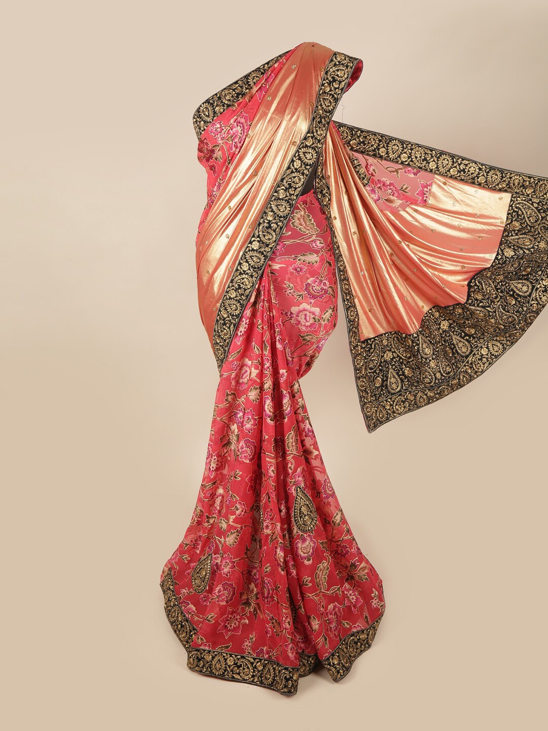 

Pothys Pink & Black Embellished Beads and Stones Pure Georgette Saree