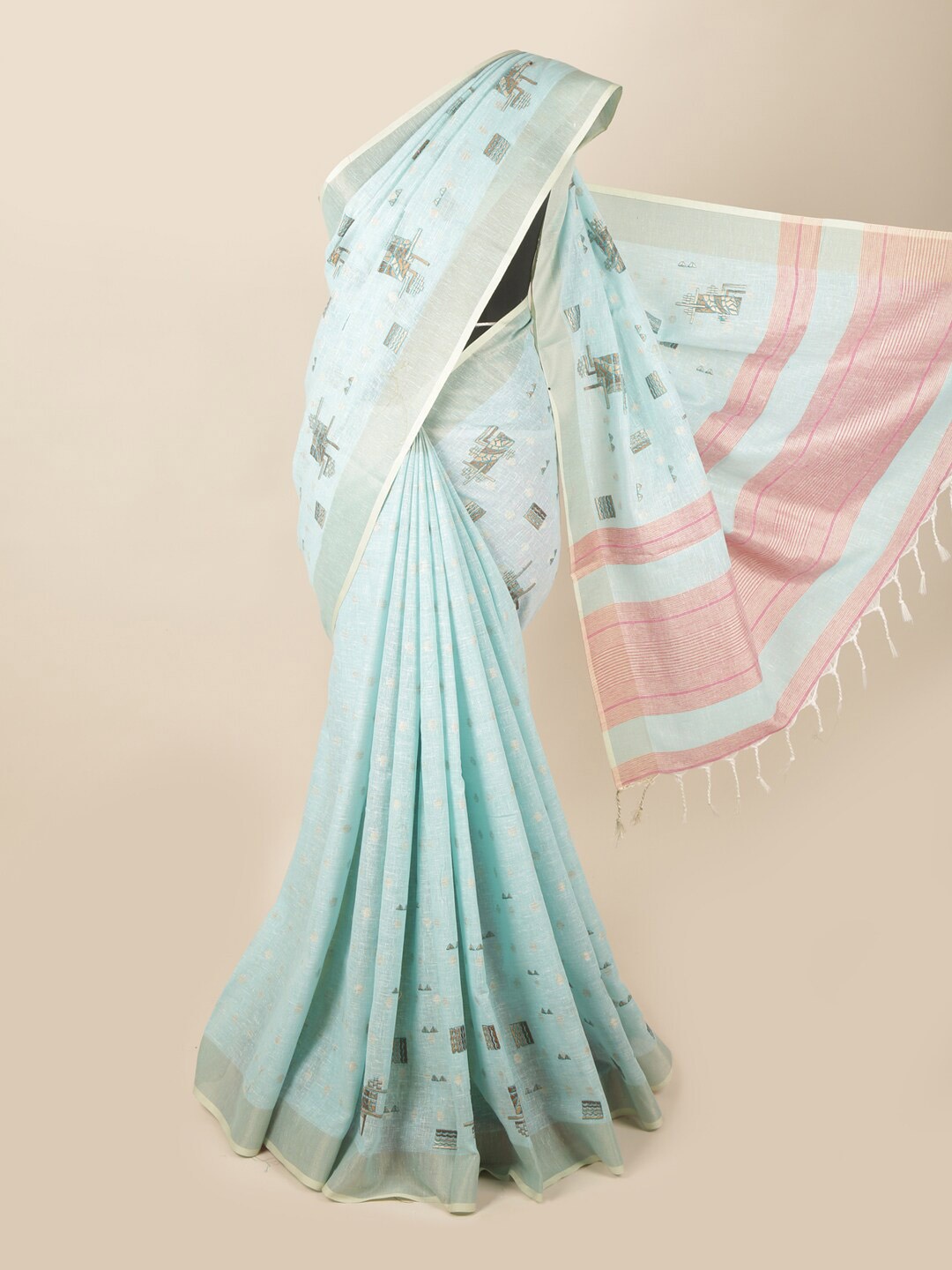 

Pothys Blue & Silver-Toned Woven Design Zari Border Saree