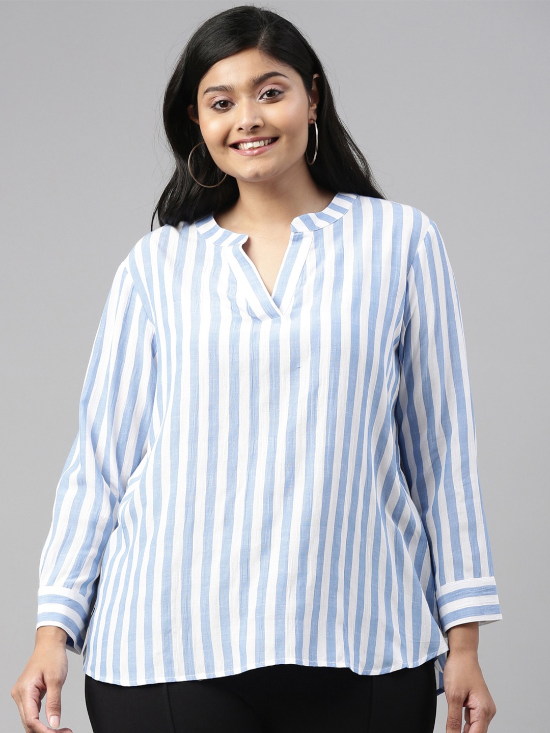 

The Pink Moon Blue & White Striped Mandarin Collar A-Line Top