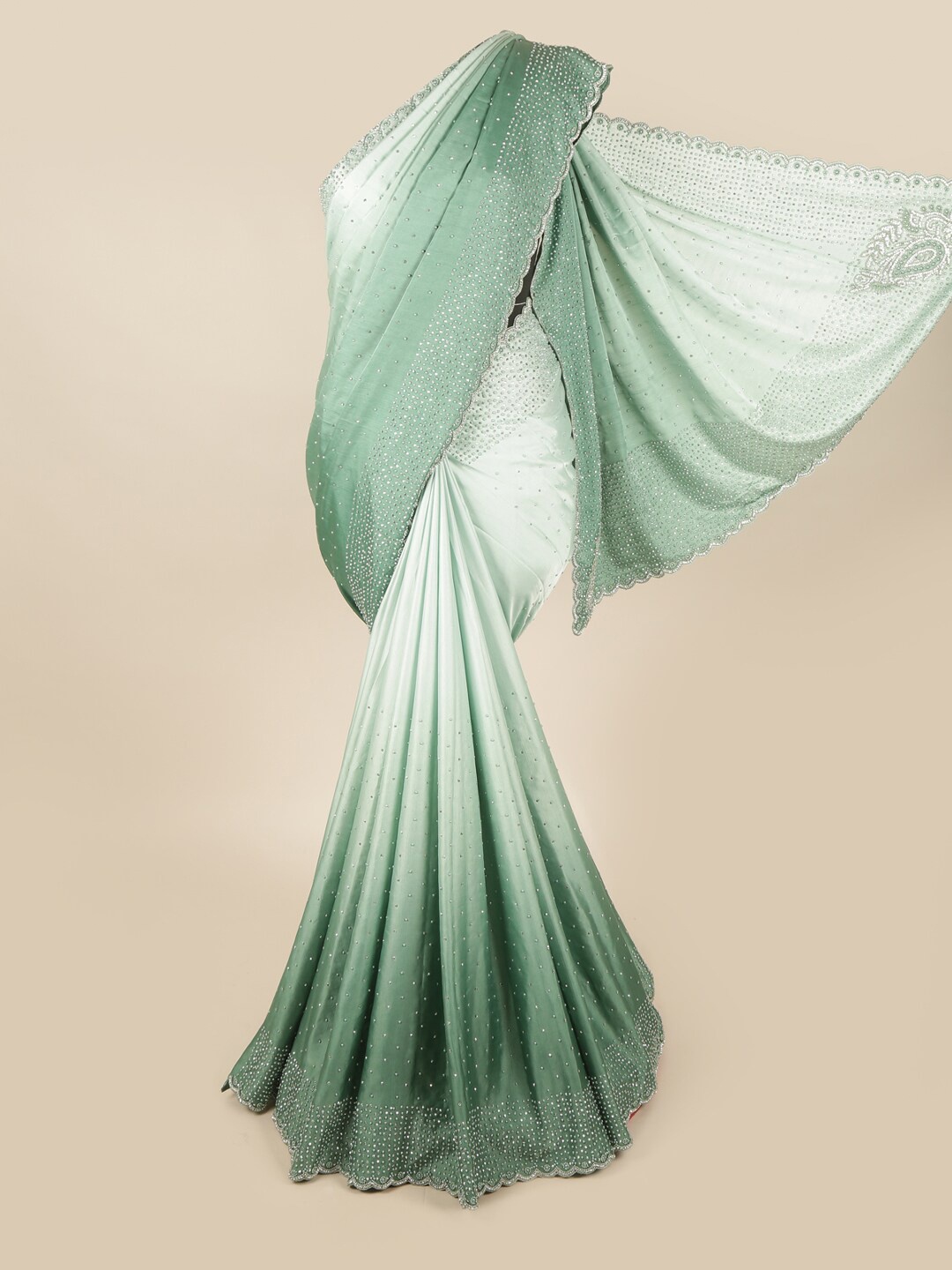 

Pothys Green & Silver-Toned Embellished Beads and Stones Satin Saree
