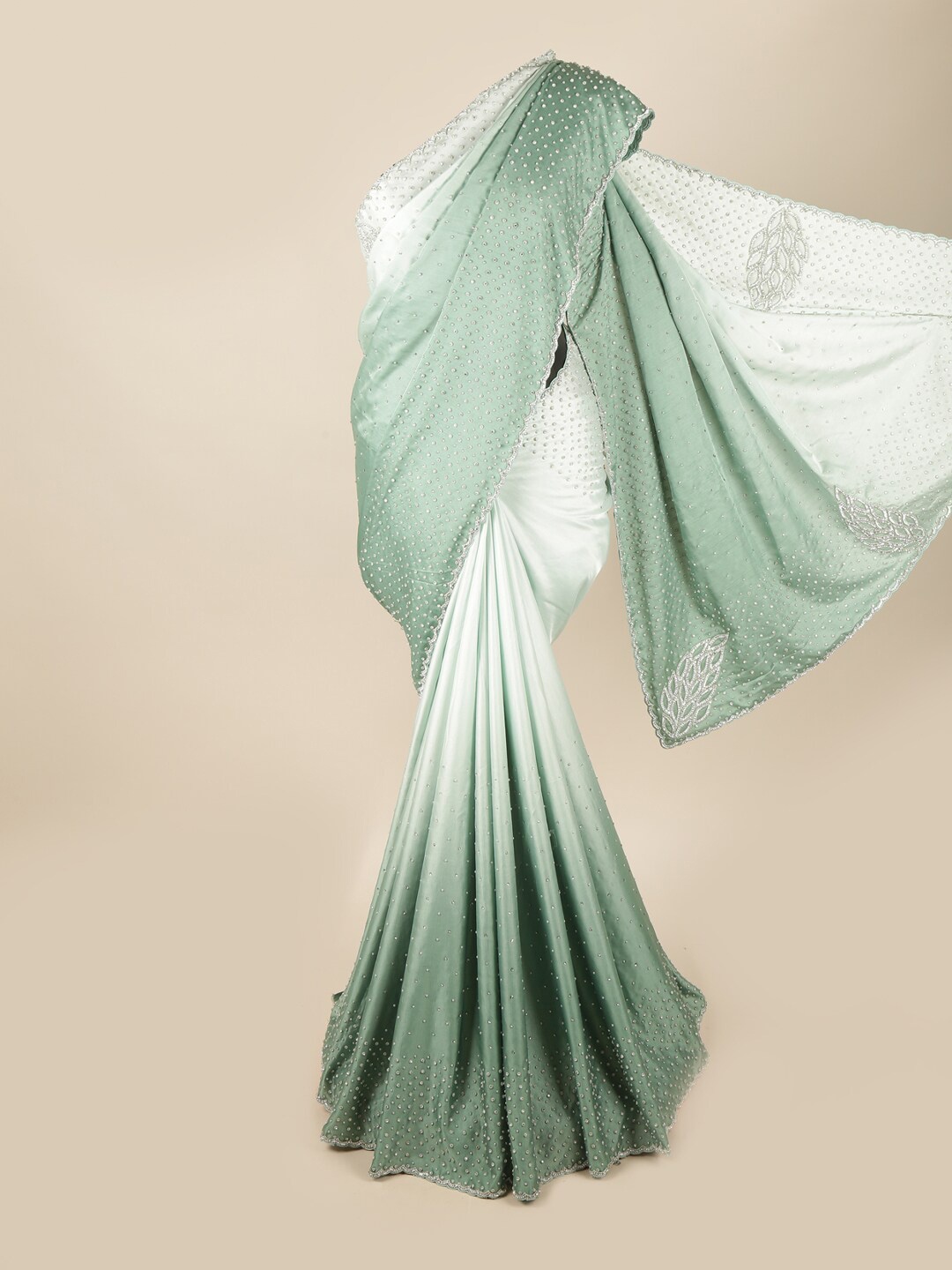 

Pothys Green & White Embellished Satin Saree