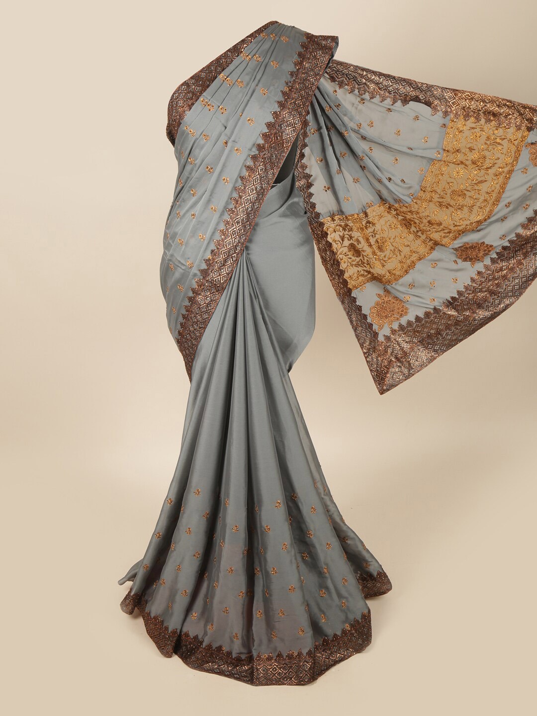 

Pothys Gunmetal-Toned & Bronze-Toned Floral Embroidered Saree, Metallic