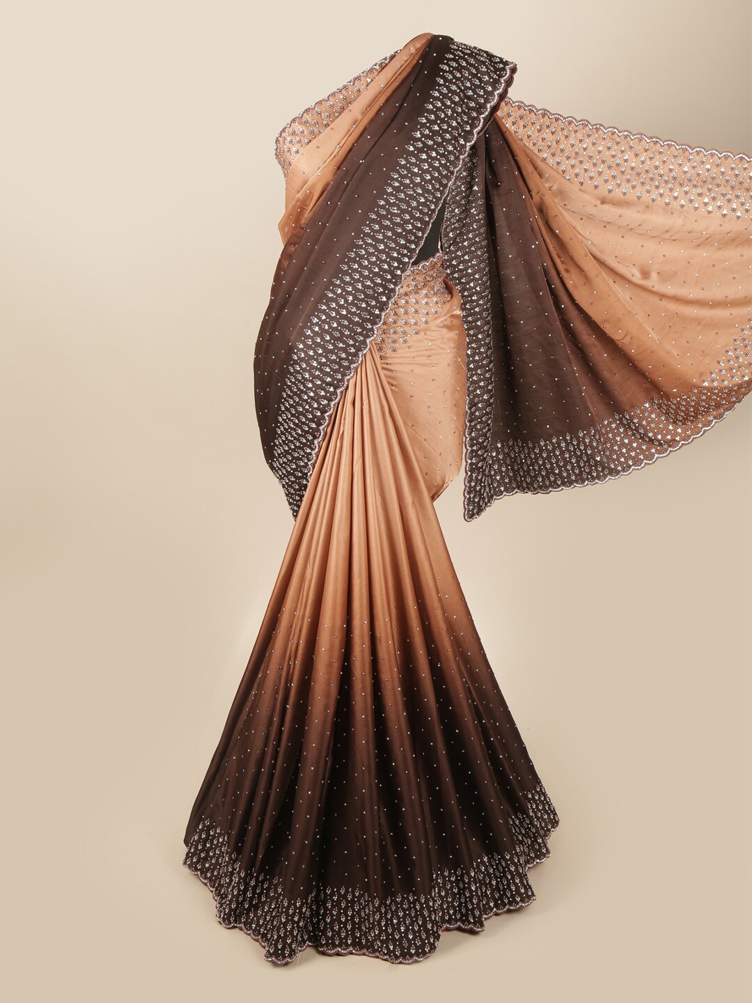 

Pothys Brown & Cream-Coloured Embellished Beads and Stones Satin Saree