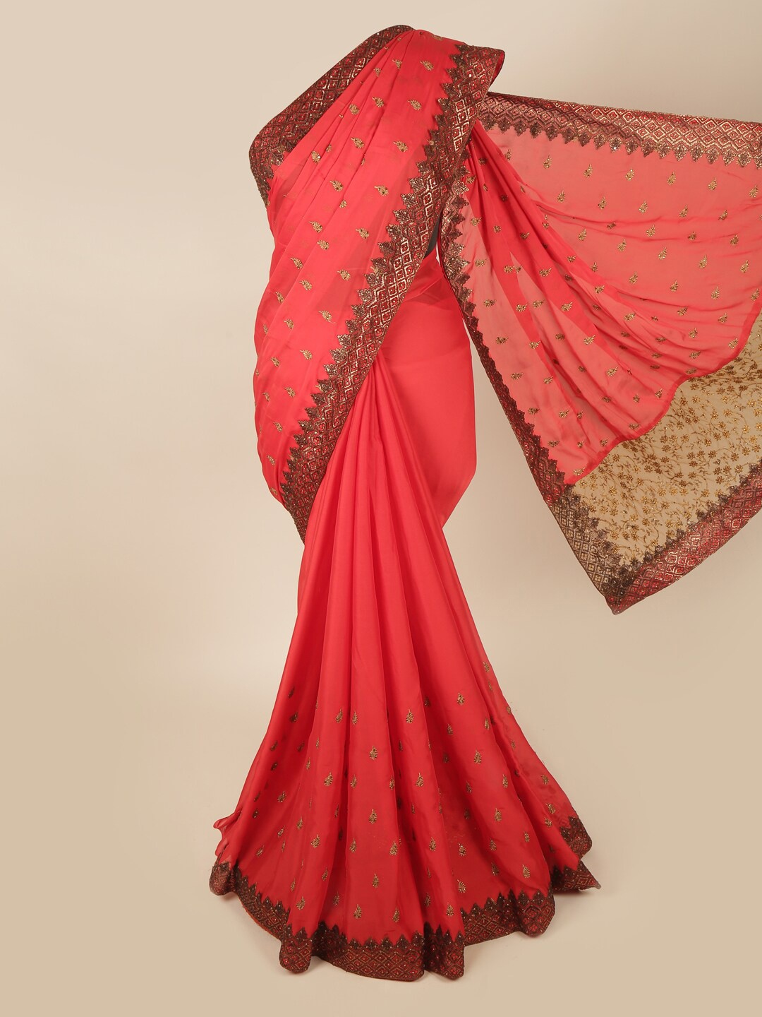 

Pothys Red & Brown Floral Beads and Stones Saree