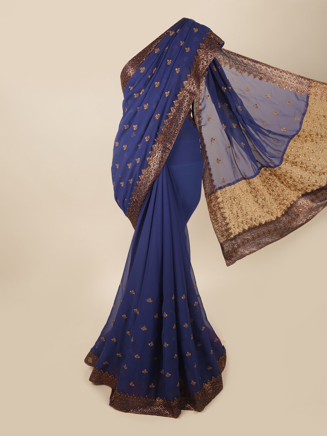

Pothys Navy Blue & Brown Floral Printed Saree