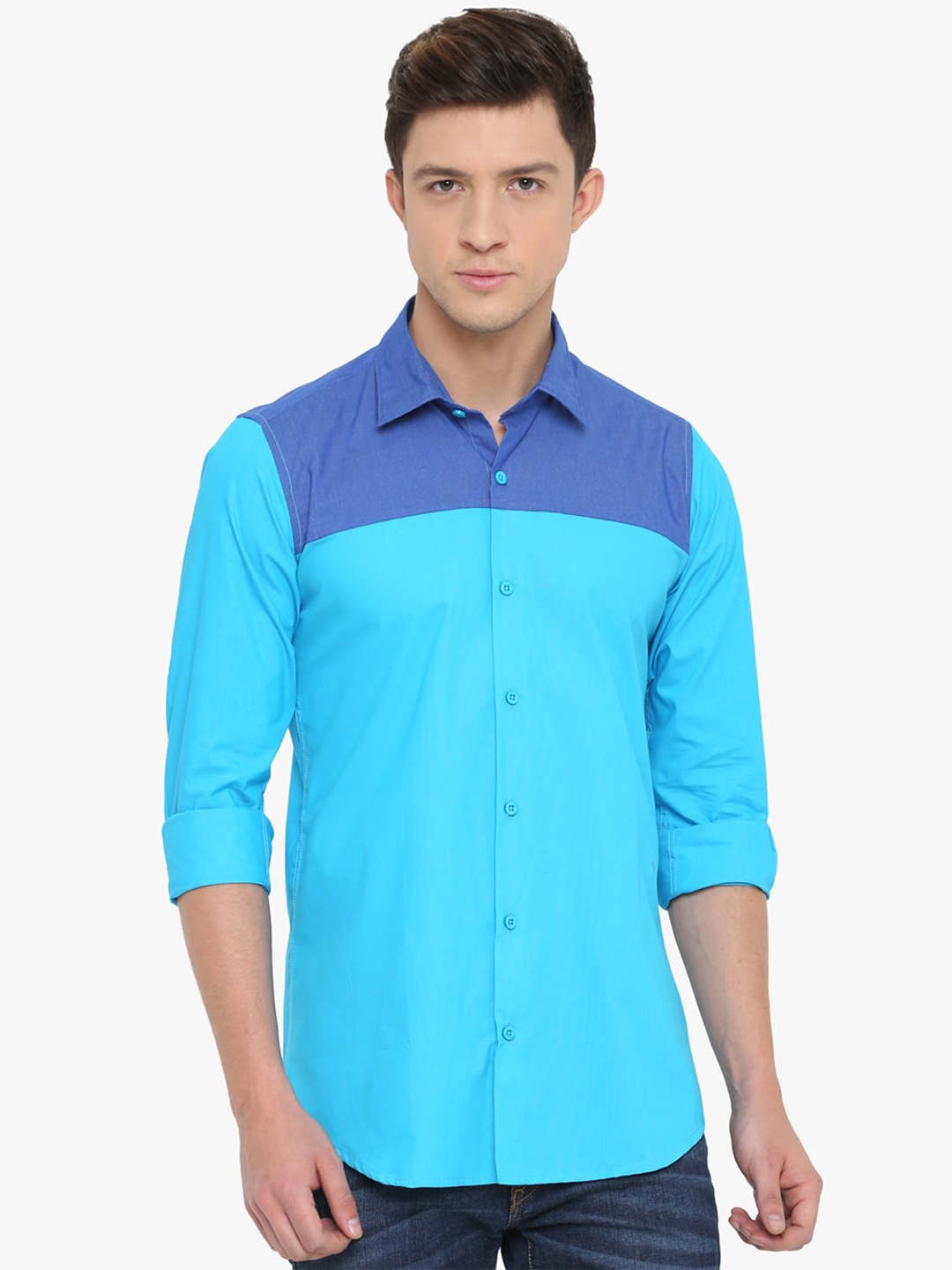 

Cross Court Men Turquoise Blue Slim Fit Opaque Casual Shirt