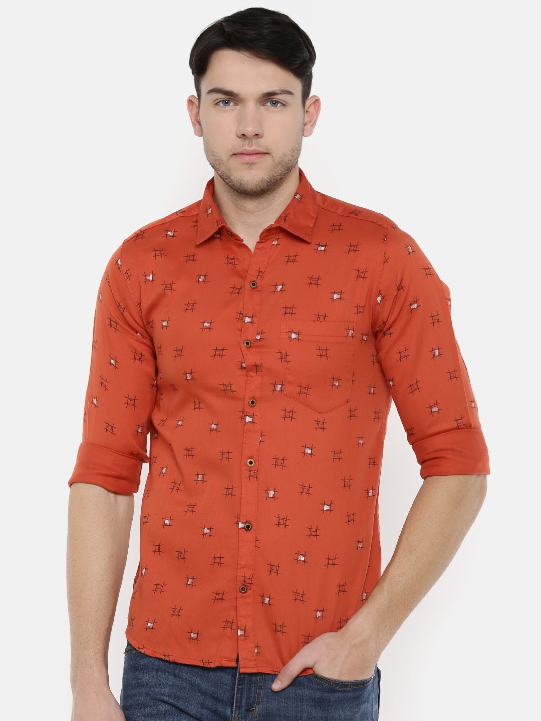 

Cross Court Men Orange Slim Fit Opaque Printed Casual Shirt
