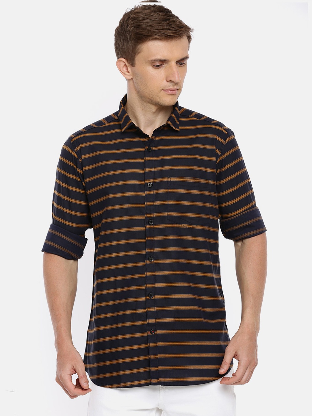 

Cross Court Men Navy Blue & Brown Horizontal Striped Casual Shirt