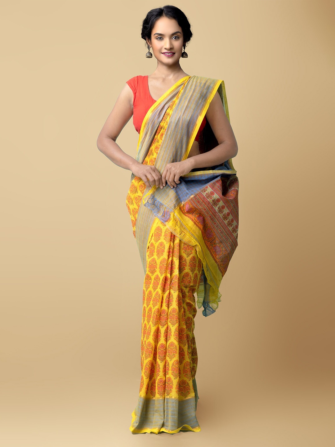 

Unnati Silks Yellow & Red Floral Printed Pure Cotton Mangalagiri Saree