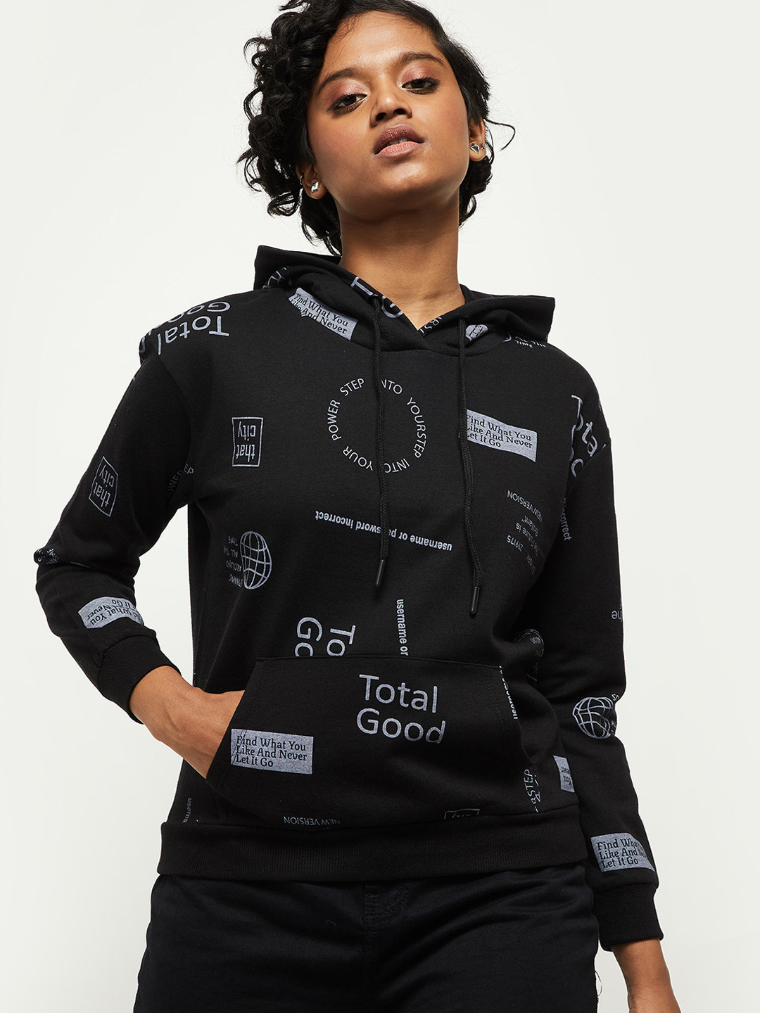 

max Women Black Printed Hooded Cotton Blend Sweatshirt