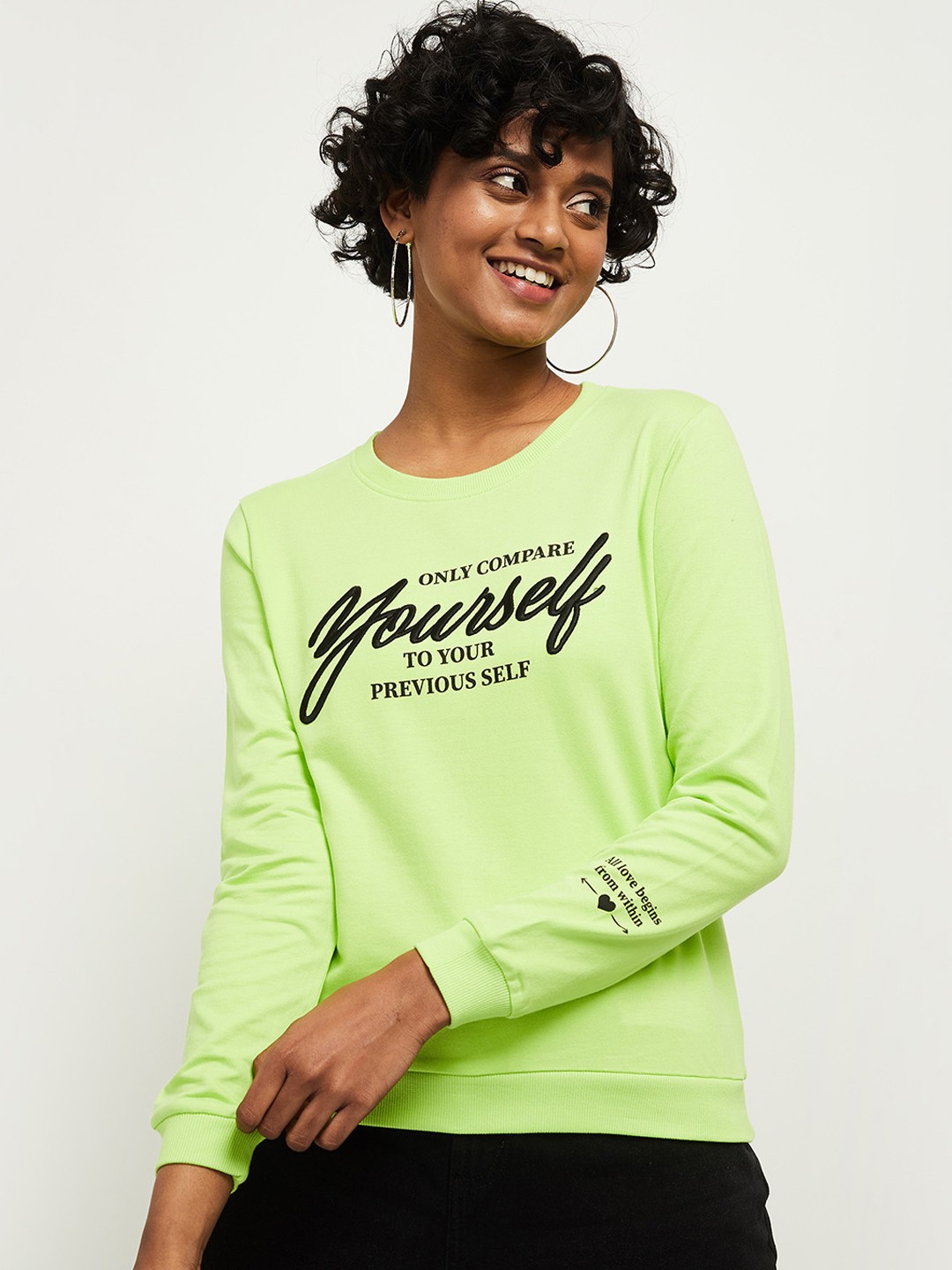 

max Women Green Printed Pure Cotton Sweatshirt