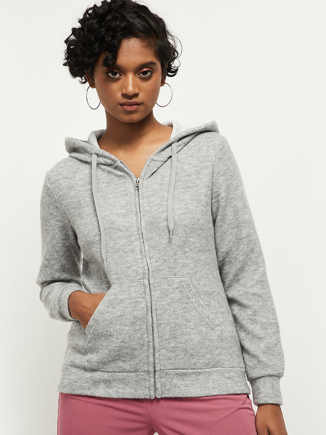 

max Women Grey Hooded Sweatshirt