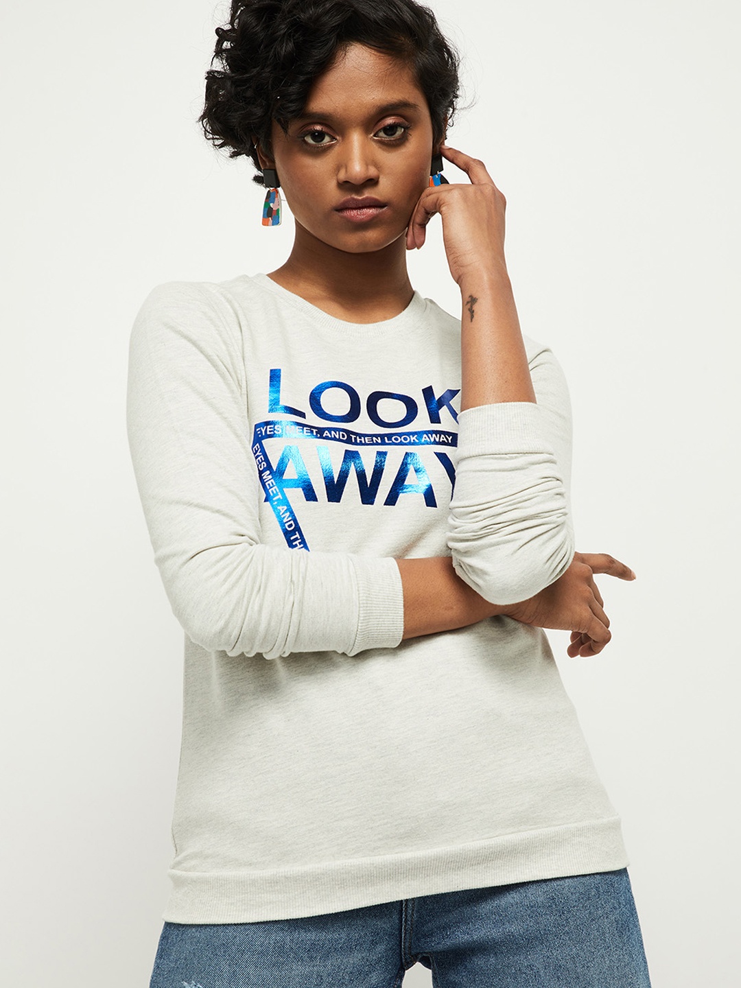 

max Women Grey Printed Sweatshirt