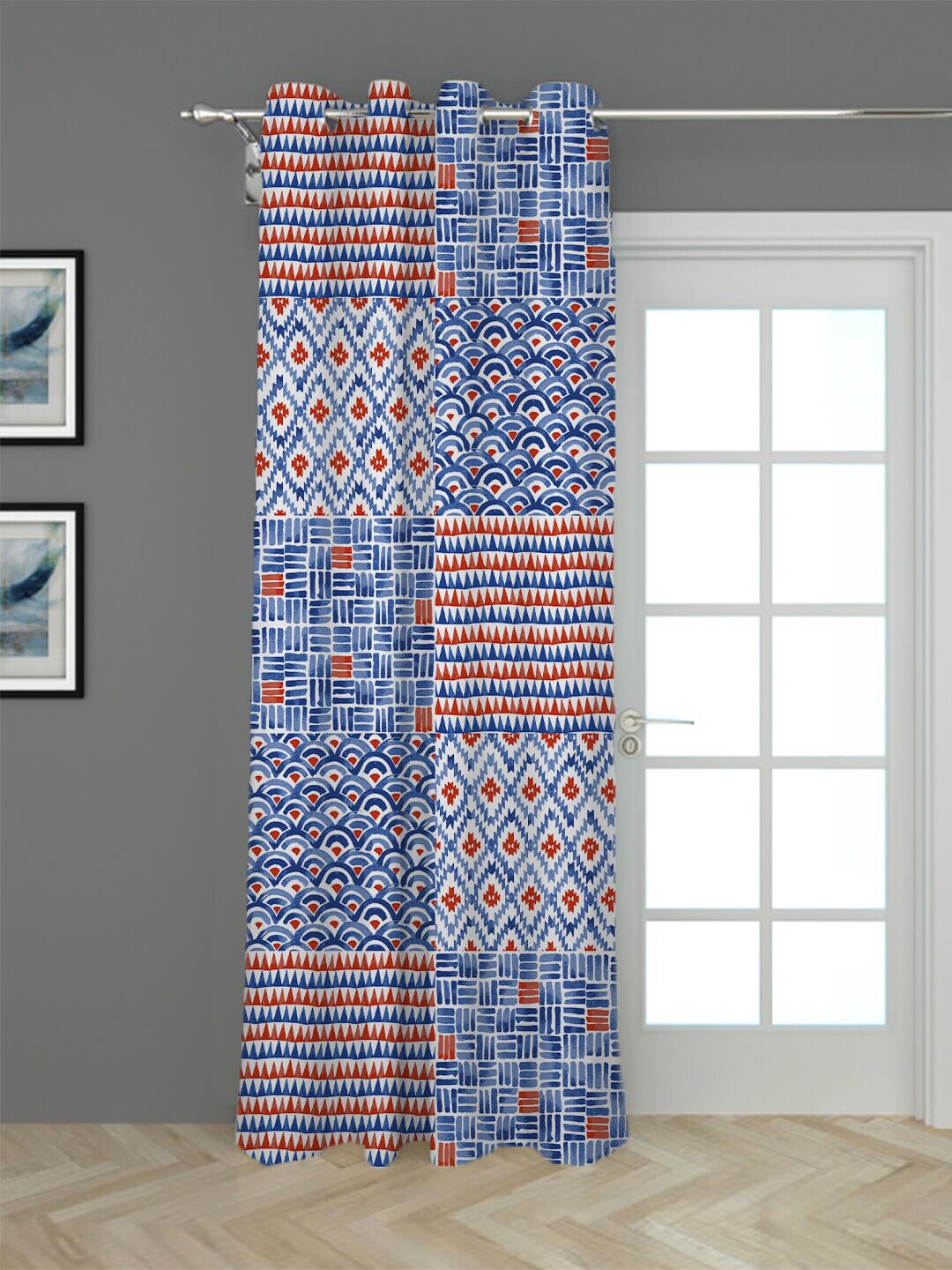 

HOUZZCODE Blue & Red Geometric Black Out Long Door Curtain