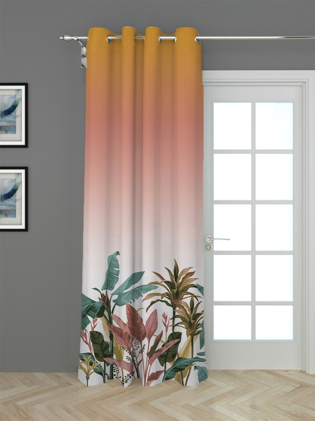 

HOUZZCODE Orange & Green Floral Black Out Long Door Curtain