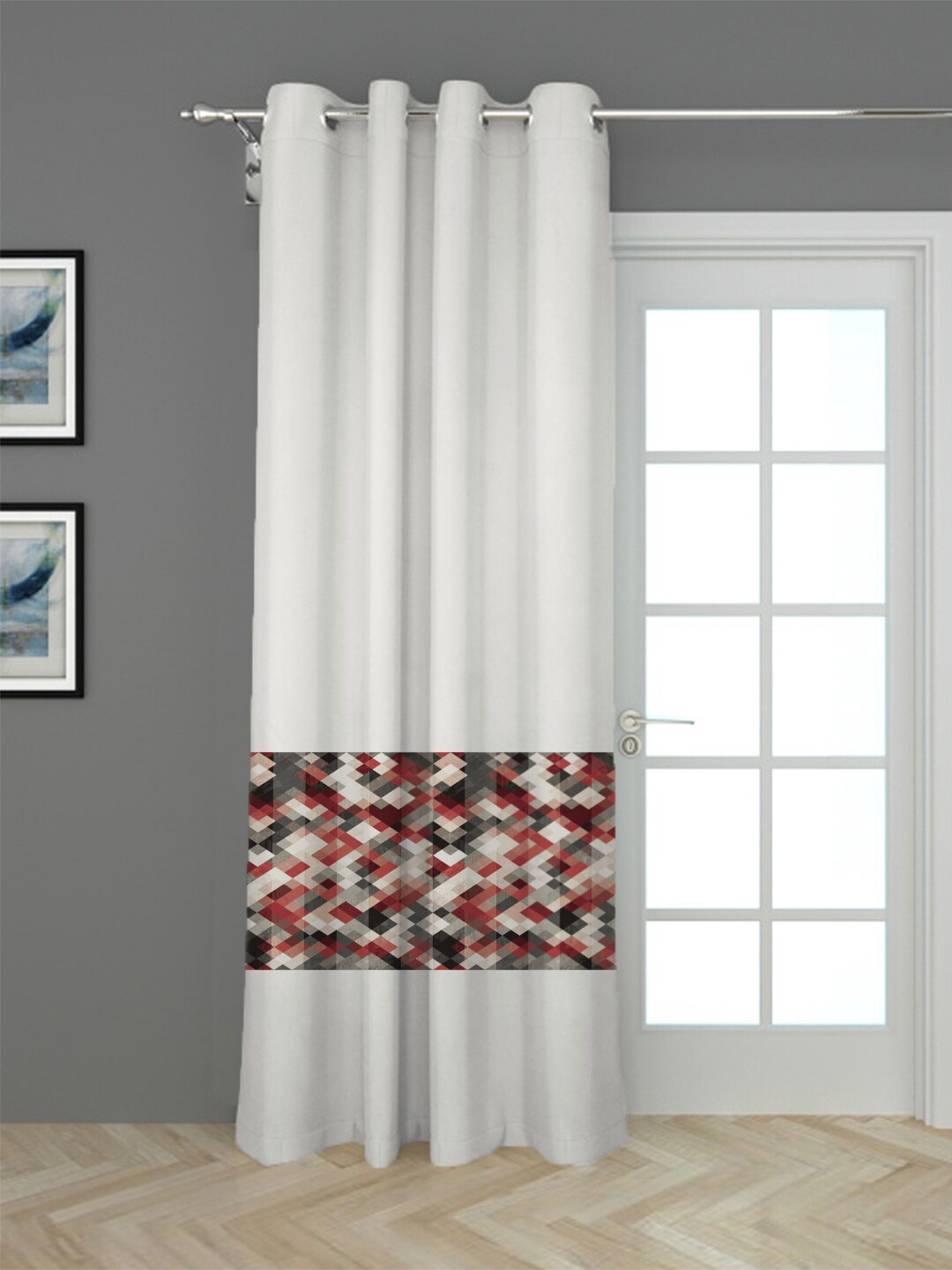 

HOUZZCODE White & Red Geometric Blocks Panel Printed Long Door Curtain