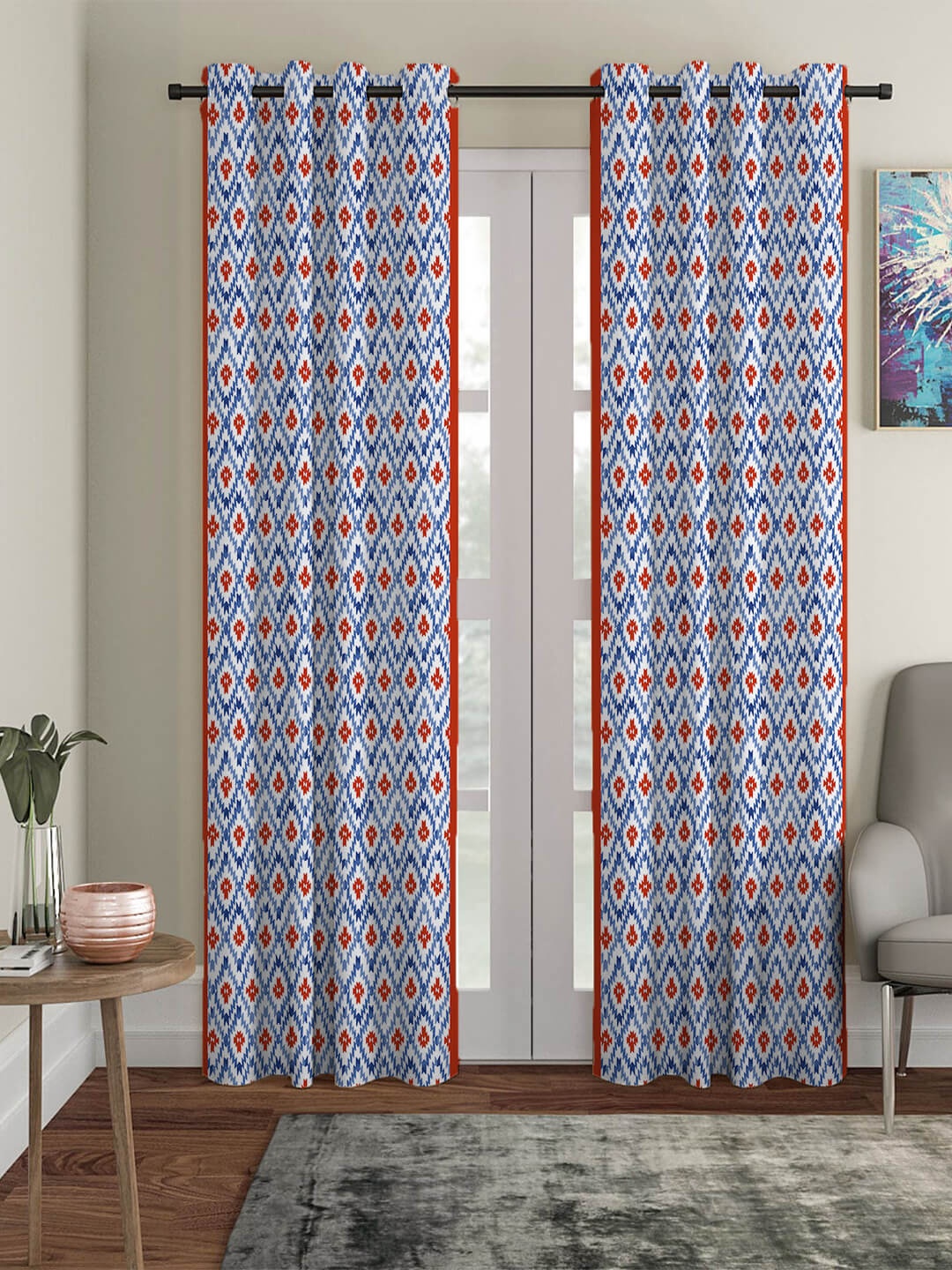 

HOUZZCODE Multi Set of 2 Geometric Ikat Black Out Long Door Curtain, Blue