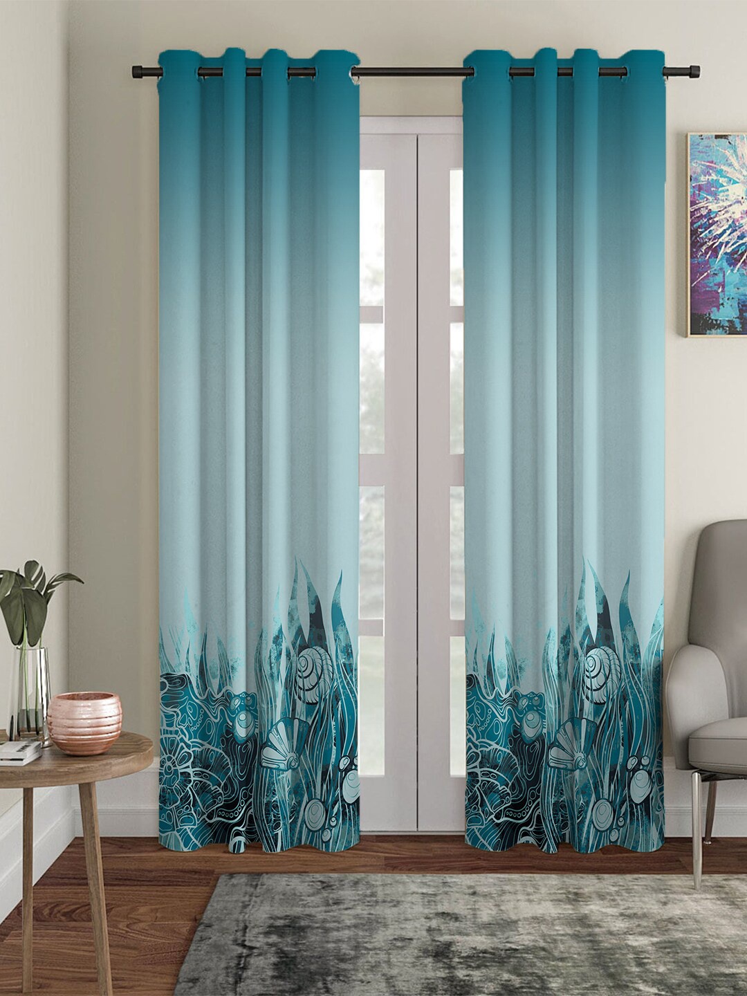 

HOUZZCODE Set Of 2 Blue & White Wavy Aquarium Printed Black Out Long Door Curtain