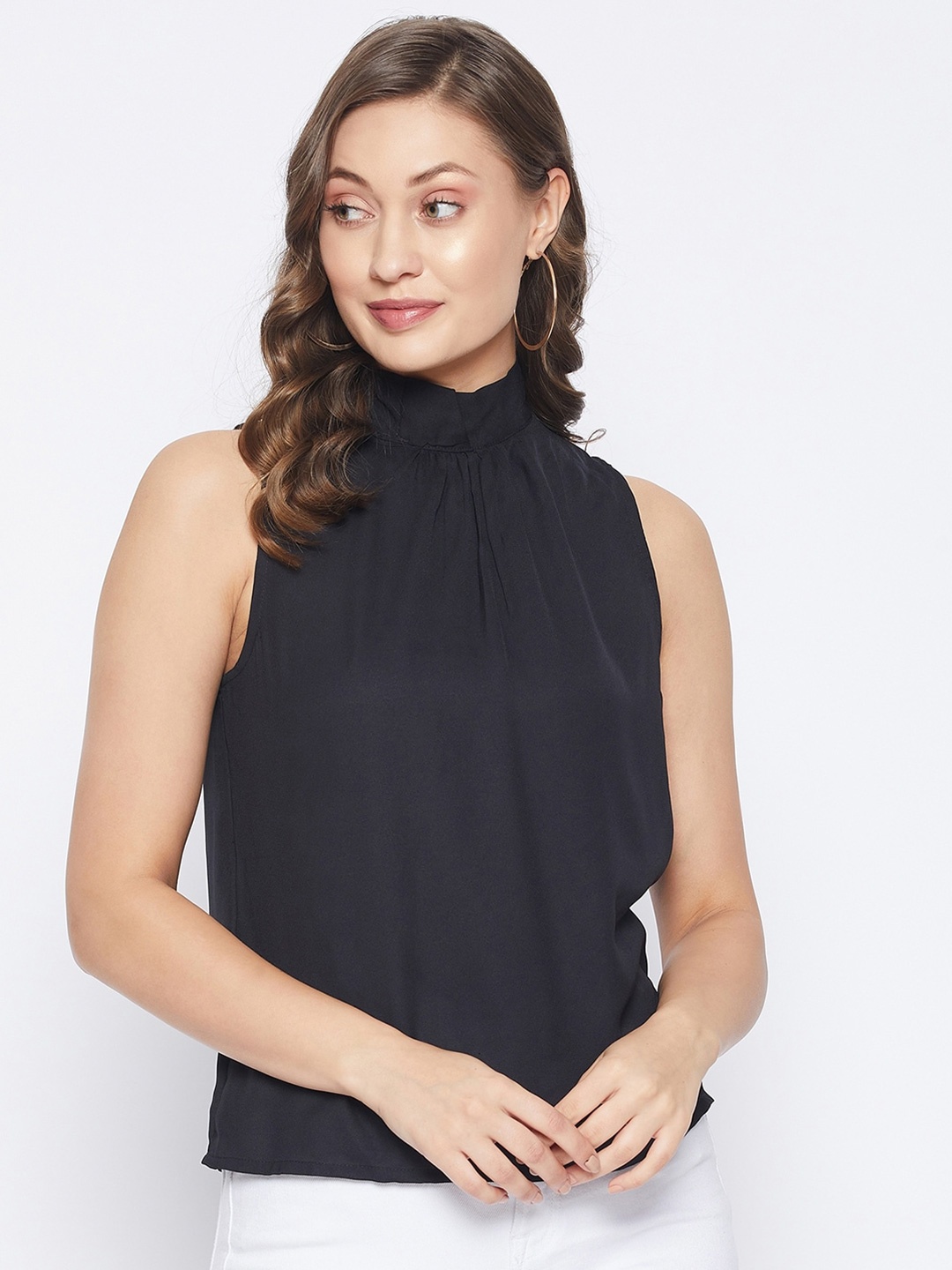 

PURYS Black Tie-Up Neck Georgette Regular Top
