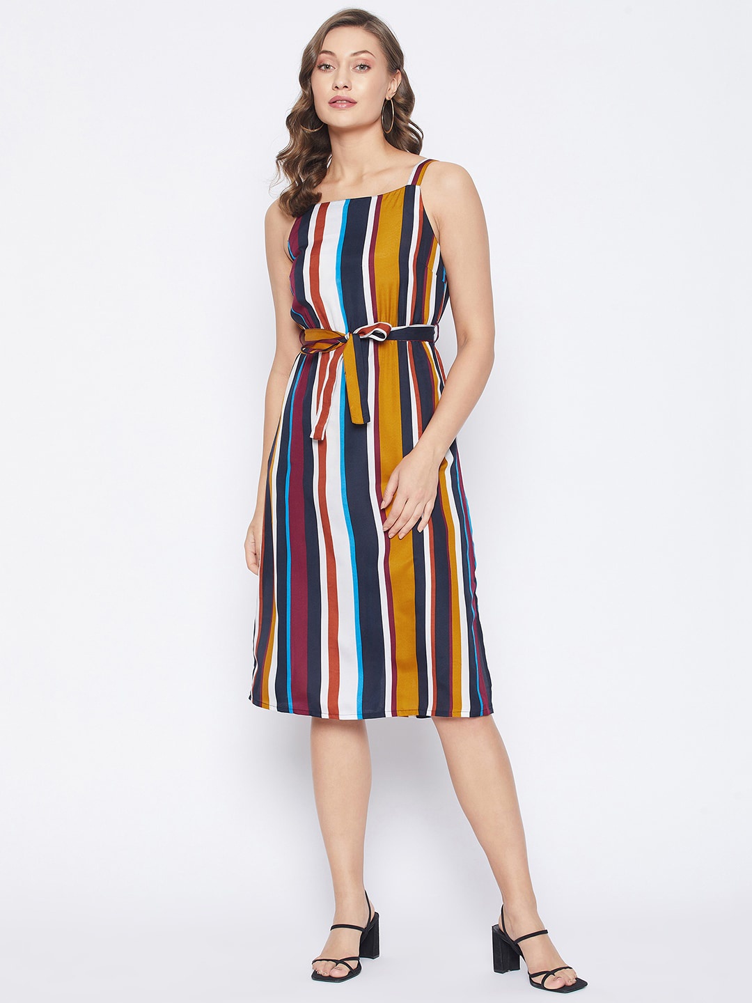 

PURYS Multicoloured Striped Crepe A-Line Dress, Multi