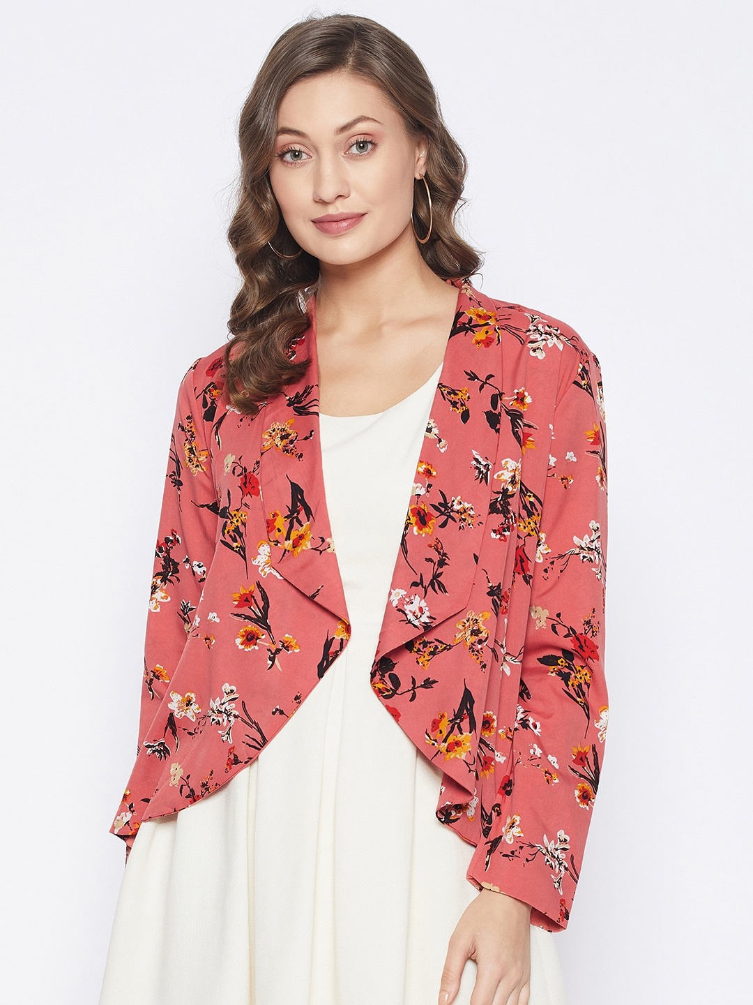 

PURYS Women Peach-Coloured & Black Printed Open Front Shrug