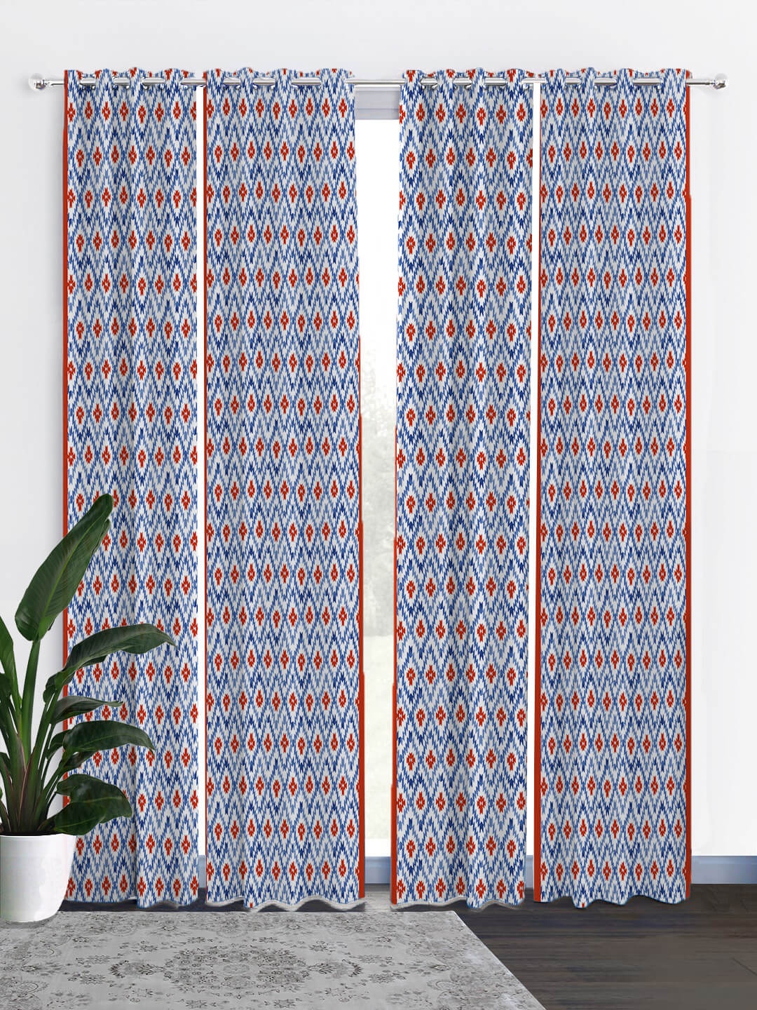 

HOUZZCODE Blue & Red Set of 4 Ikat Black Out Long Door Curtains