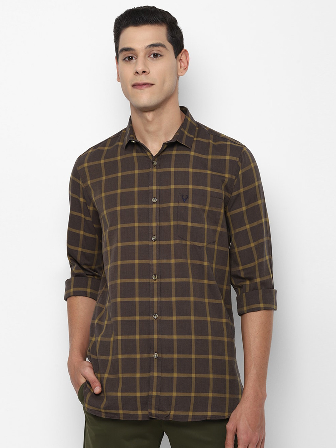 

Allen Solly Men Brown & Yellow Slim Fit Opaque Checked Pure Cotton Casual Shirt