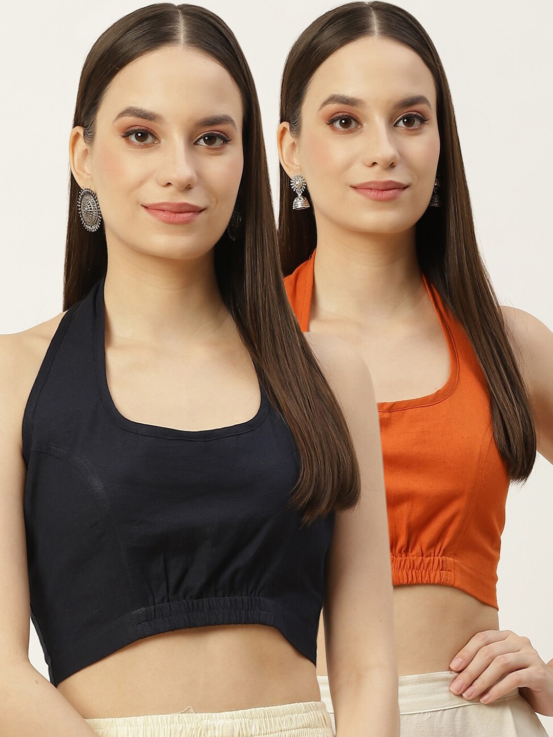 

Molcha Women Pack Of 2 Solid Cotton Saree Blouse, Rust