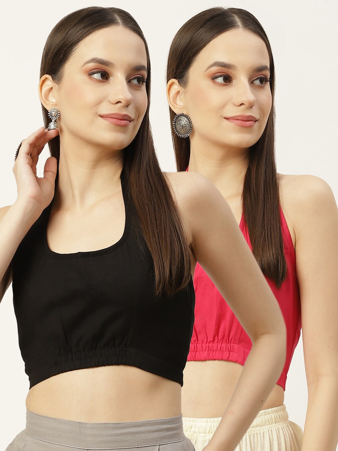 

Molcha Women Pack Of 2 Pink & Black Solid Cotton Saree Blouse