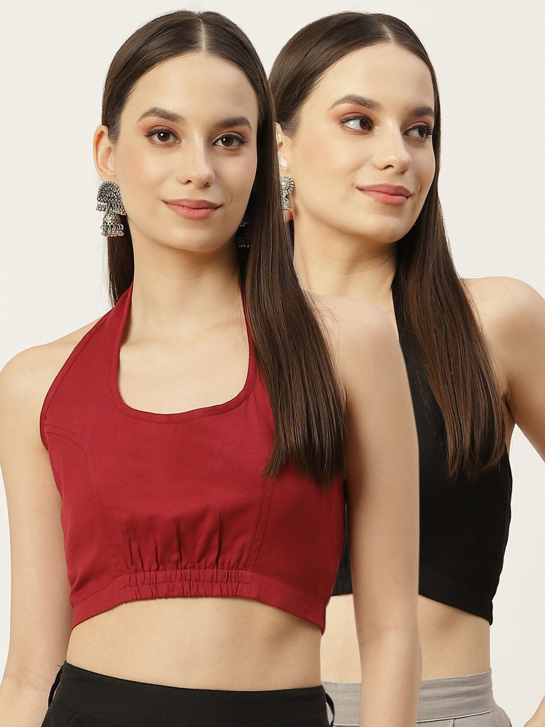 

Molcha Women Pack Of 2 Maroon & Black Solid Cotton Saree Blouse