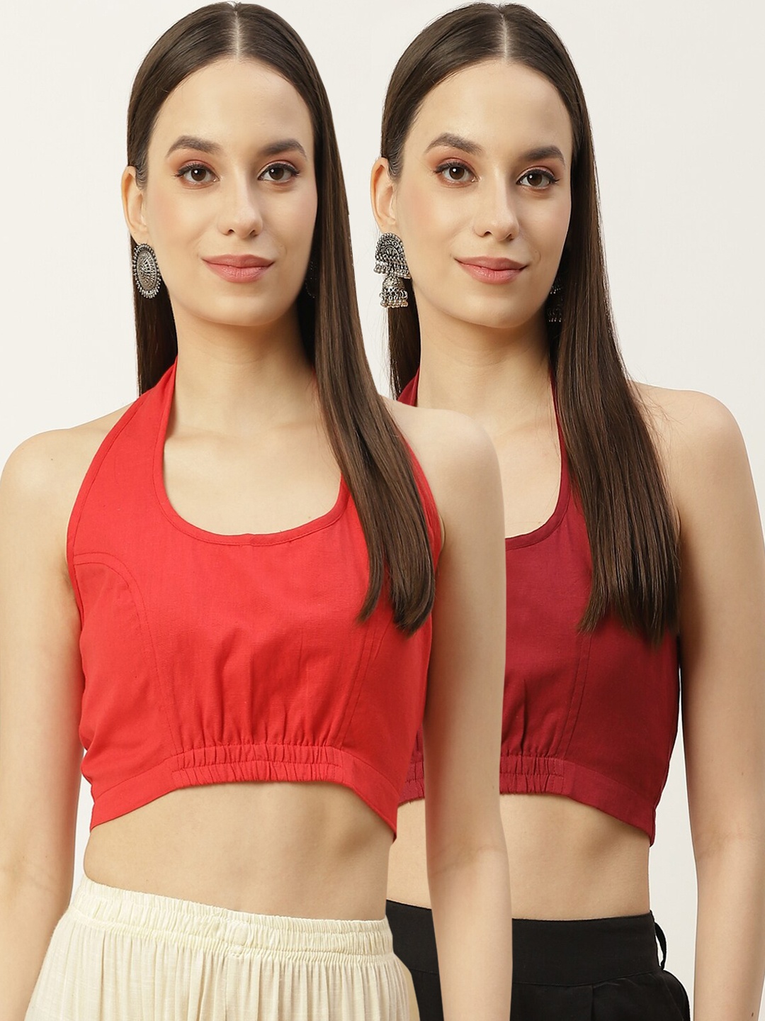 

Molcha Pack Of 2 Solid Cotton Saree Blouse, Maroon