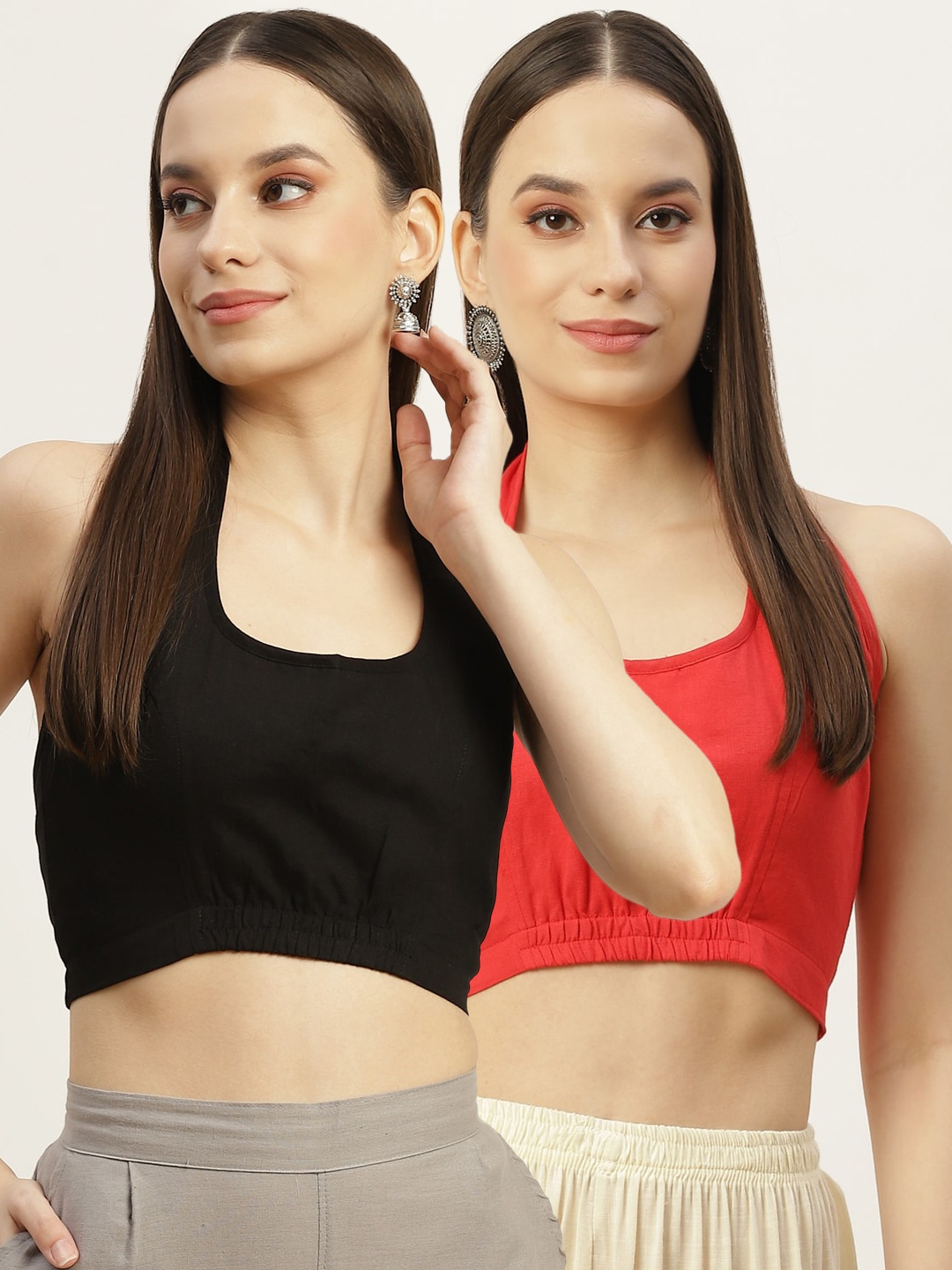

Molcha Pack Of 2 Red & Black Solid Cotton Saree Blouse