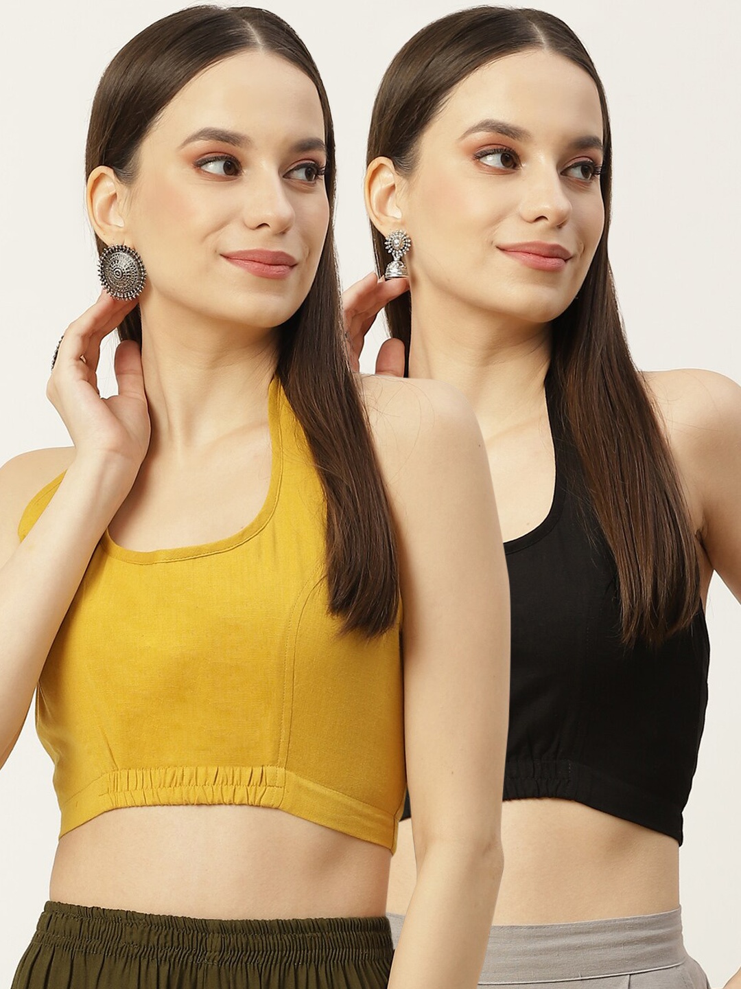

Molcha Women Pack Of 2 Solid Cotton Saree Blouse, Mustard