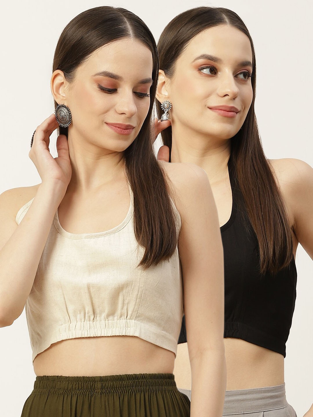 

Molcha Pack Of 2 Solid Cotton Saree Blouse, Off white