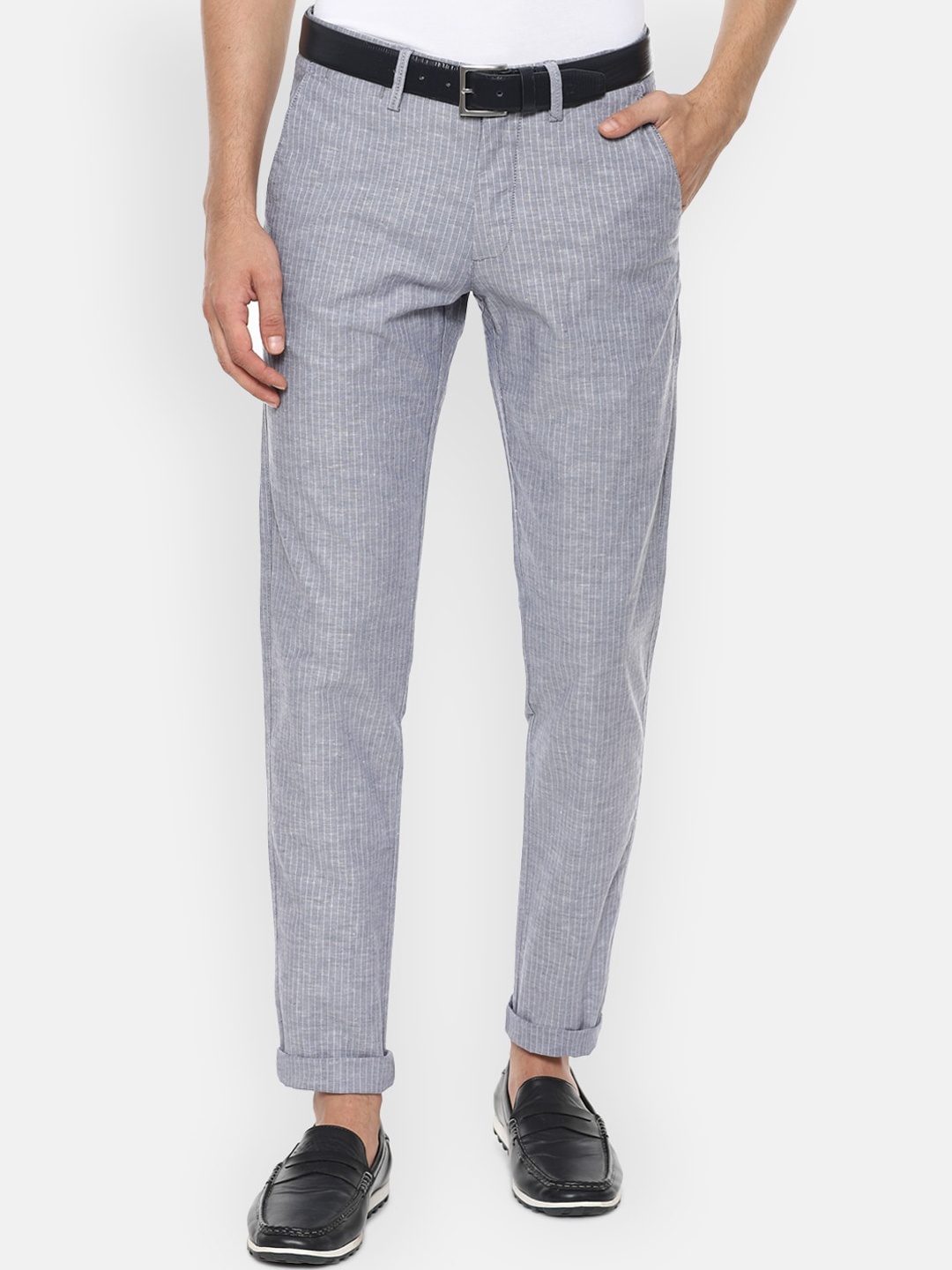 

Louis Philippe Sport Men Grey Striped Slim Fit Trousers