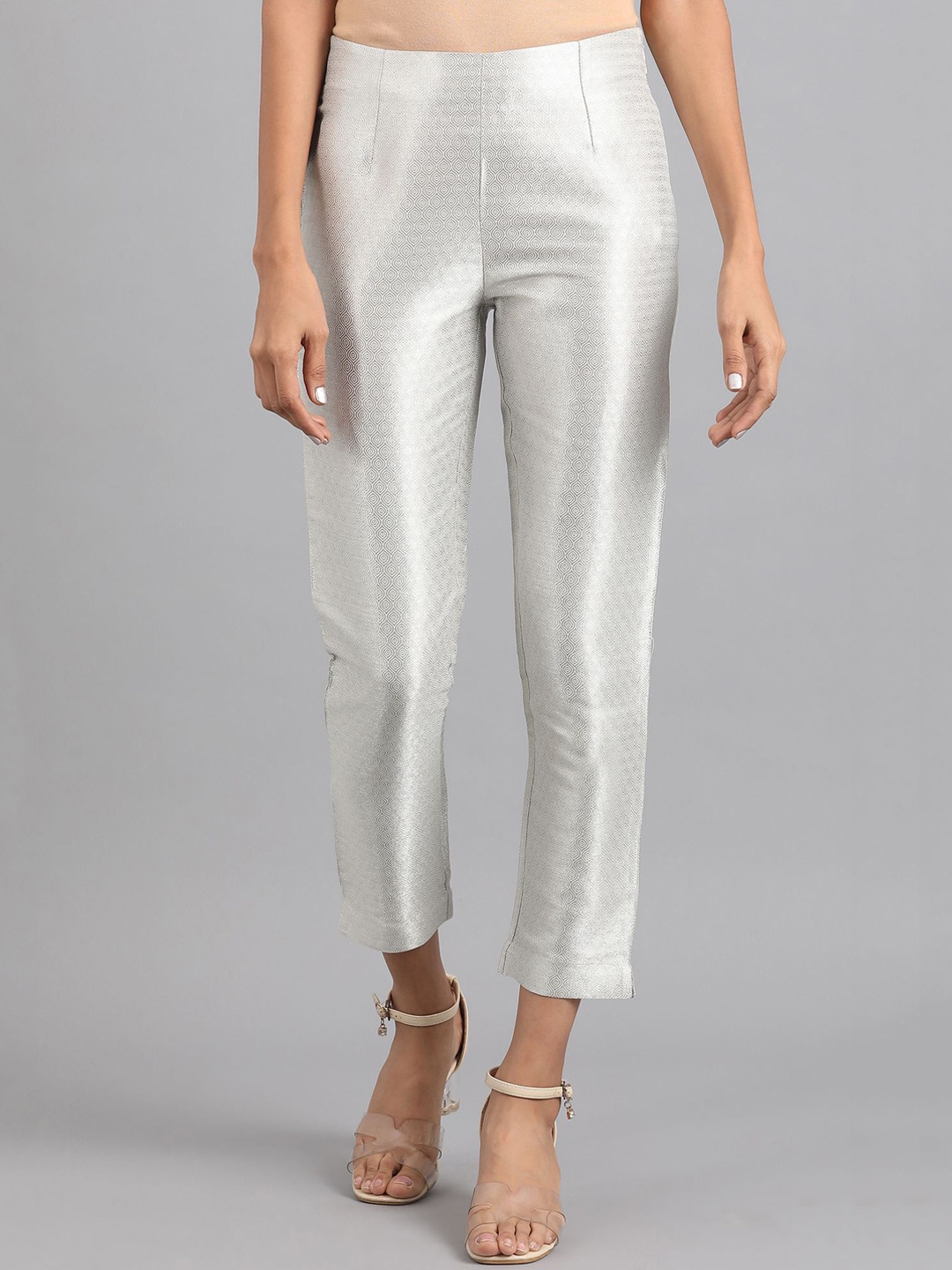

W Women Silver-Toned Striped Slim Fit Trousers