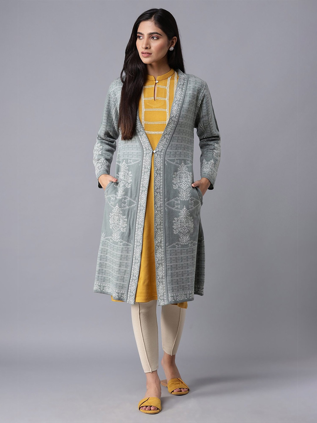 

W Women Blue & White Printed Longline Cardigan