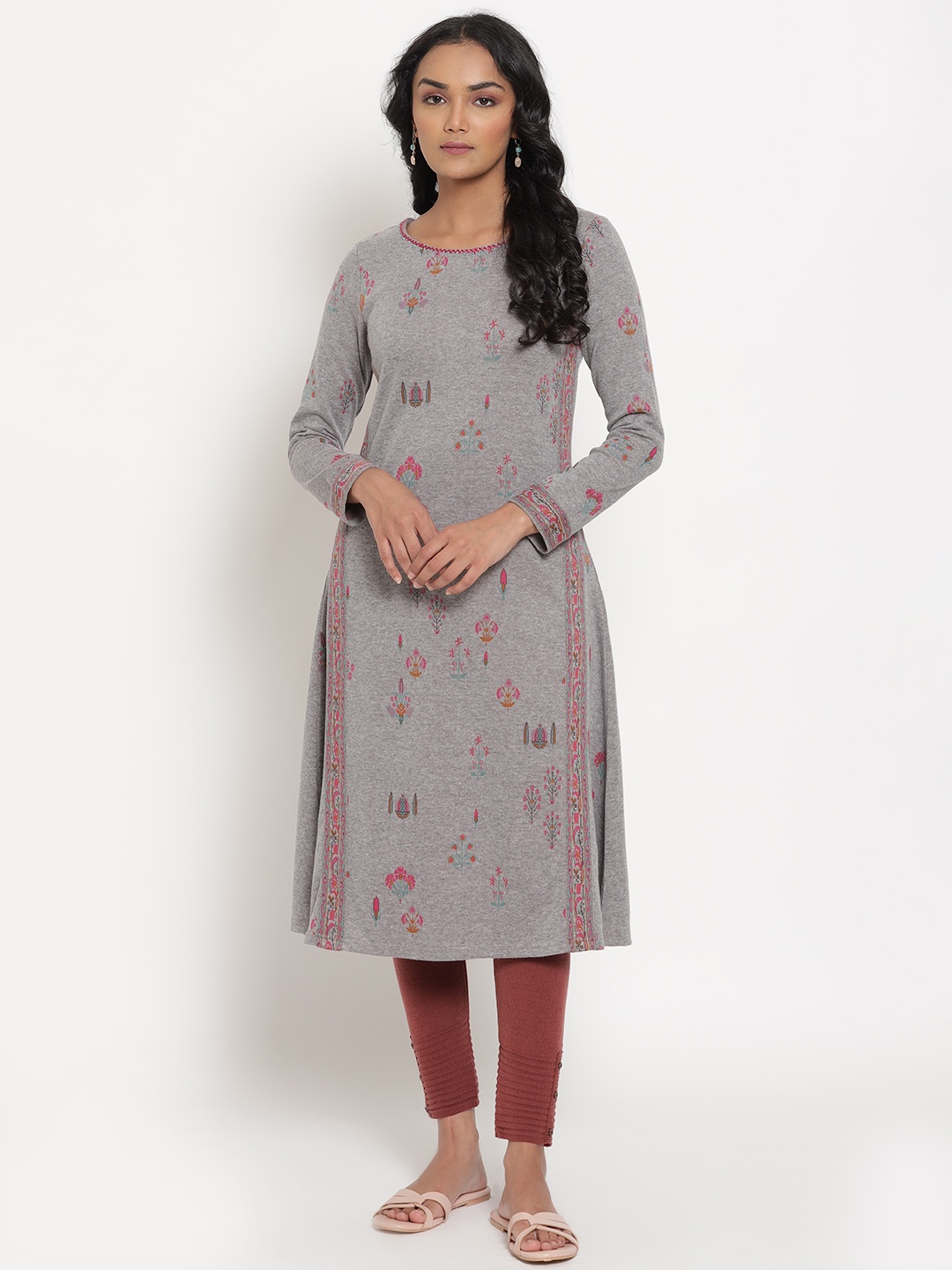 

W Women Grey Flared Sleeves Thread Work Kurta