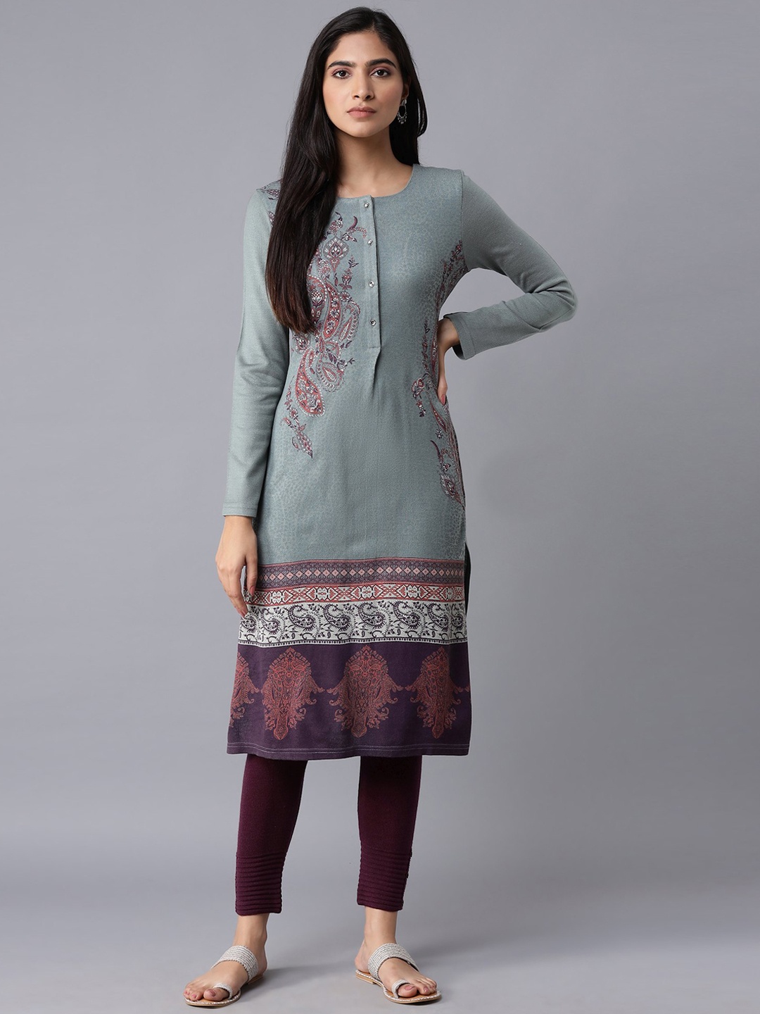 

W Women Teal Ethnic Motifs Printed Thread Work Kurta