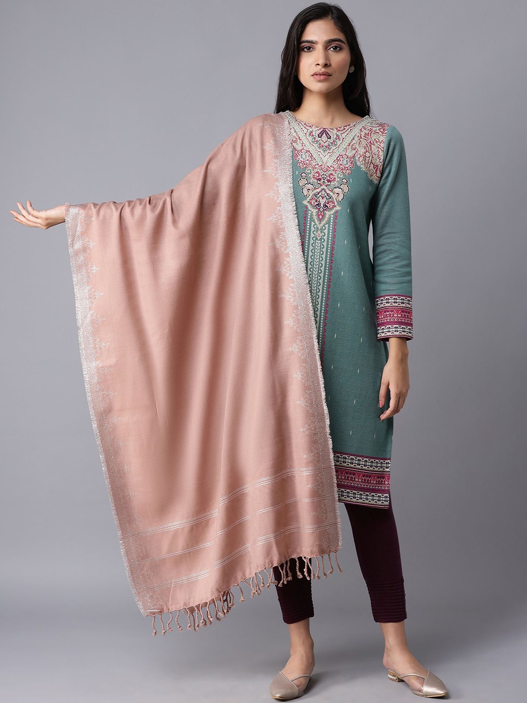 

W Women Blue & White Woven-Design Shawl, Peach