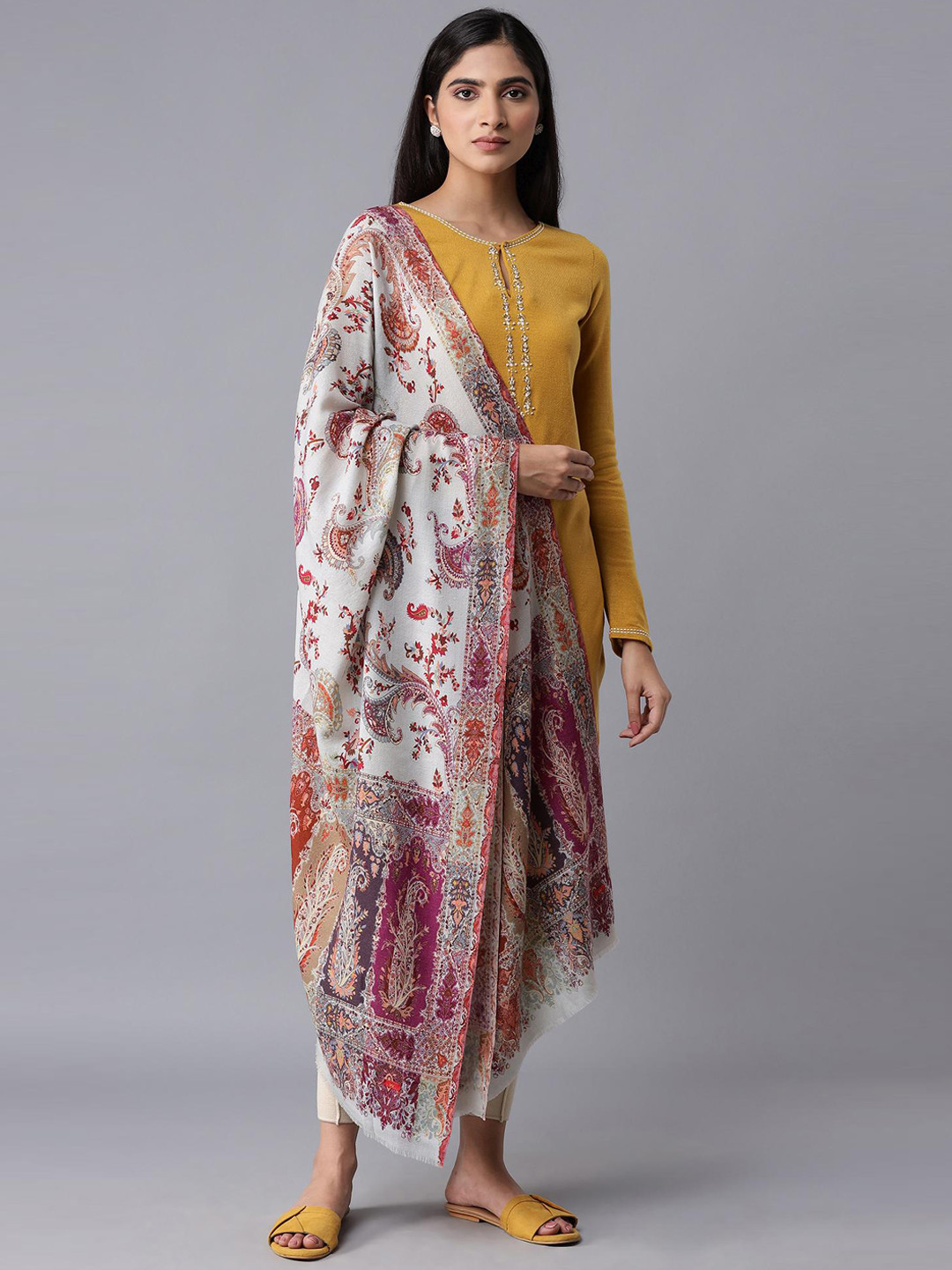

W Women Off-White & Pink Printed Shawl
