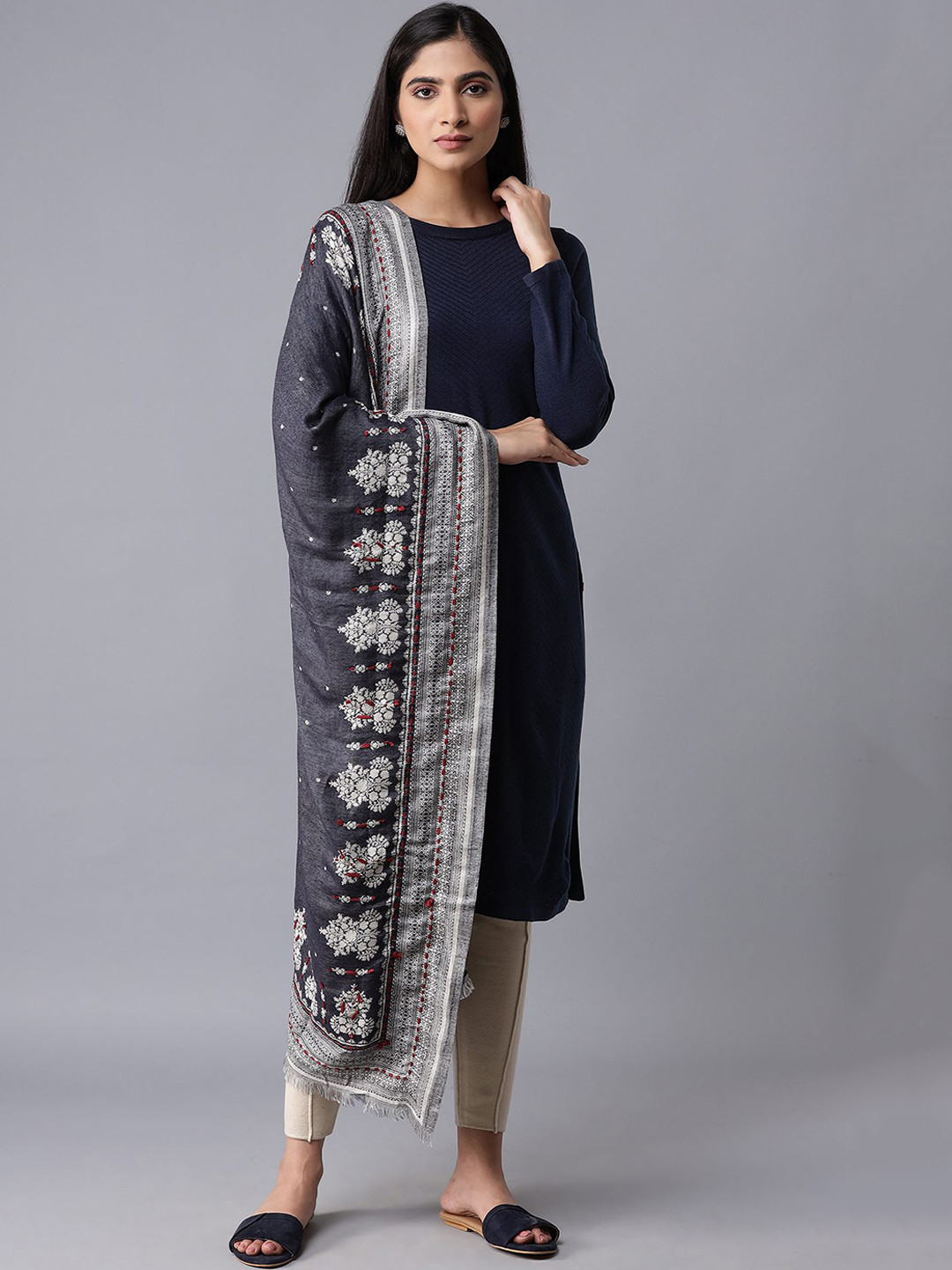 

W Women Navy Blue & White Woven-Design Shawl