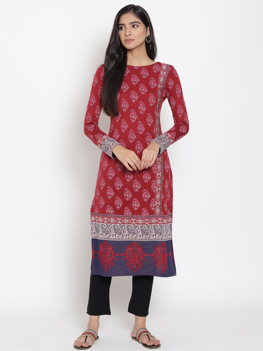 

W Women Red Ethnic Motifs Printed Flared Sleeves Thread Work Kurta