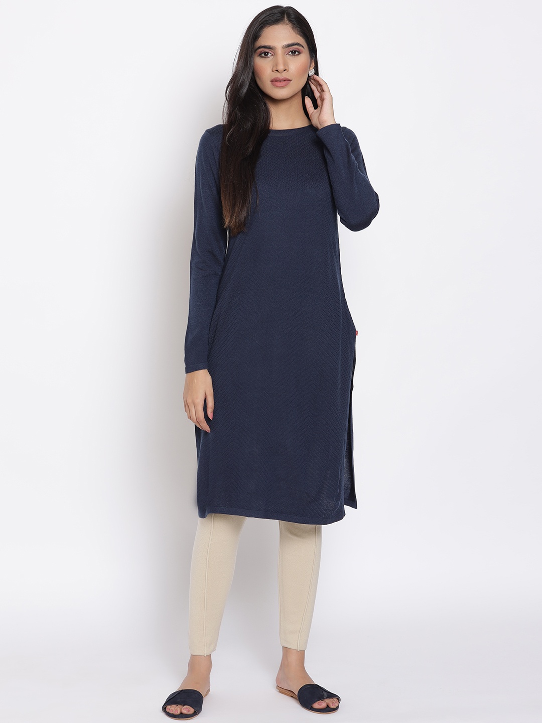 

W Women Blue Acrylic A-Line Kurta Dress